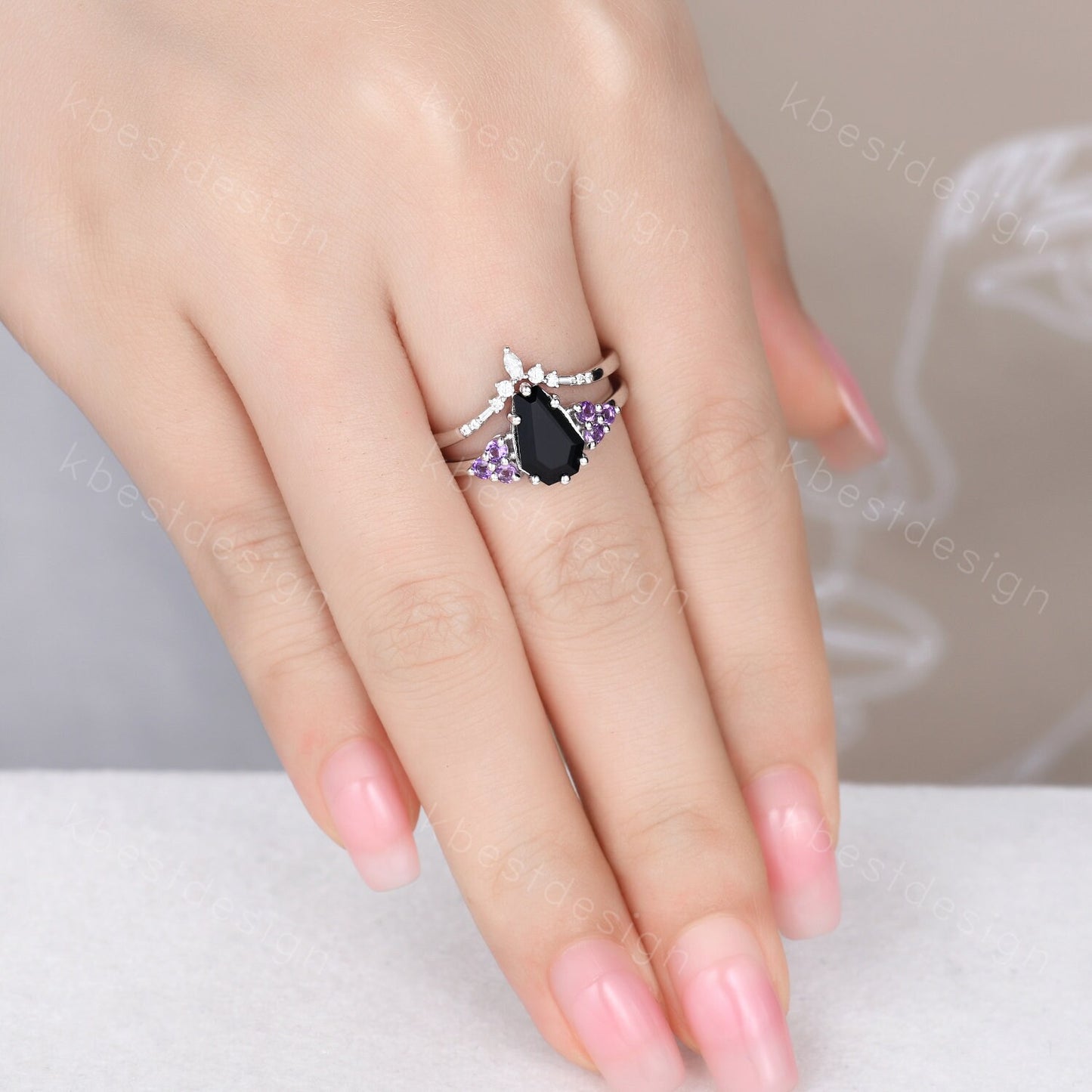 Sterling Silver Black Onyx Engagement Ring Set Unique Coffin Shaped Ring Art Deco Moissanite Curved Wedding Band Amethyst Cluster Ring