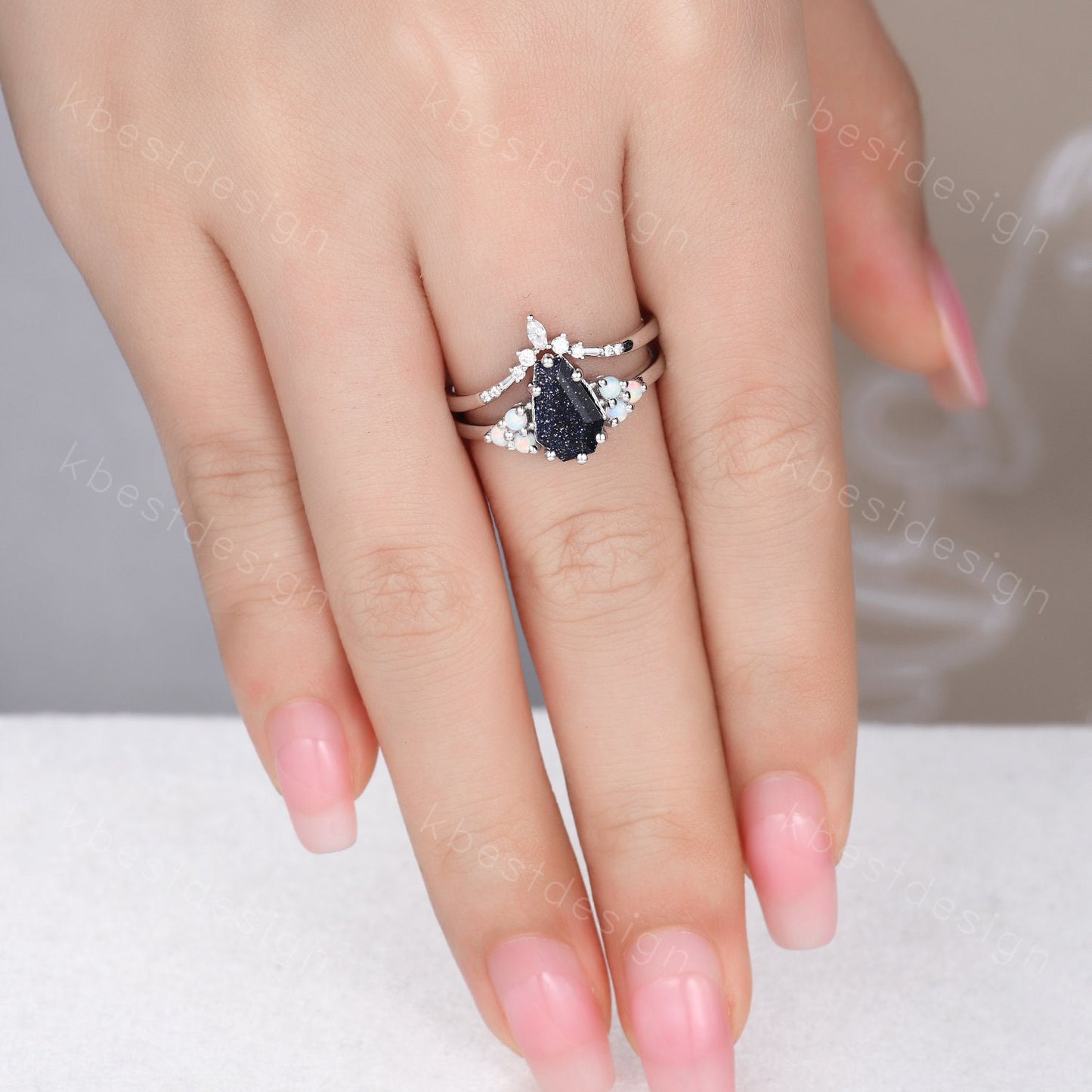 Sterling silver galaxy blue sandstone ring Coffin shaped ring Vintage opal Cluster engagement ring Dainty curved moissanite wedding band set