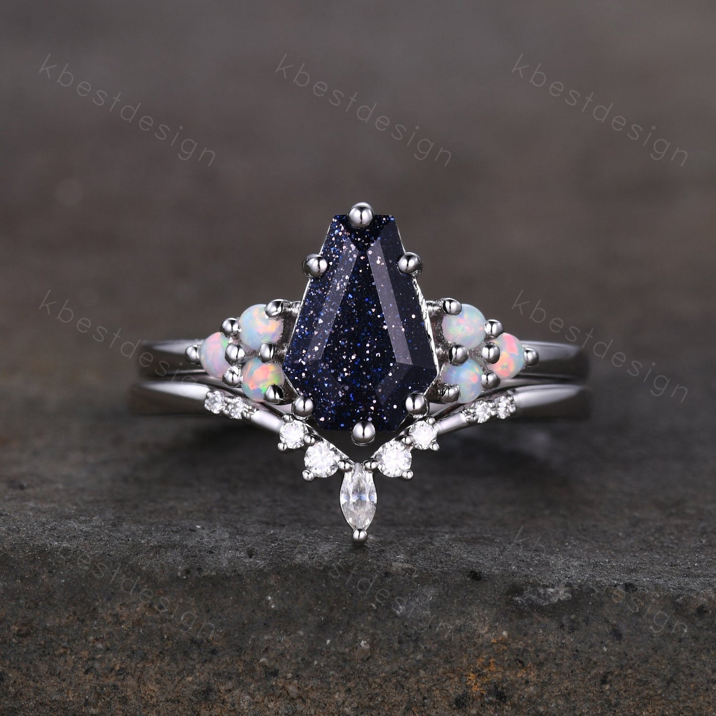Sterling silver galaxy blue sandstone ring Coffin shaped ring Vintage opal Cluster engagement ring Dainty curved moissanite wedding band set