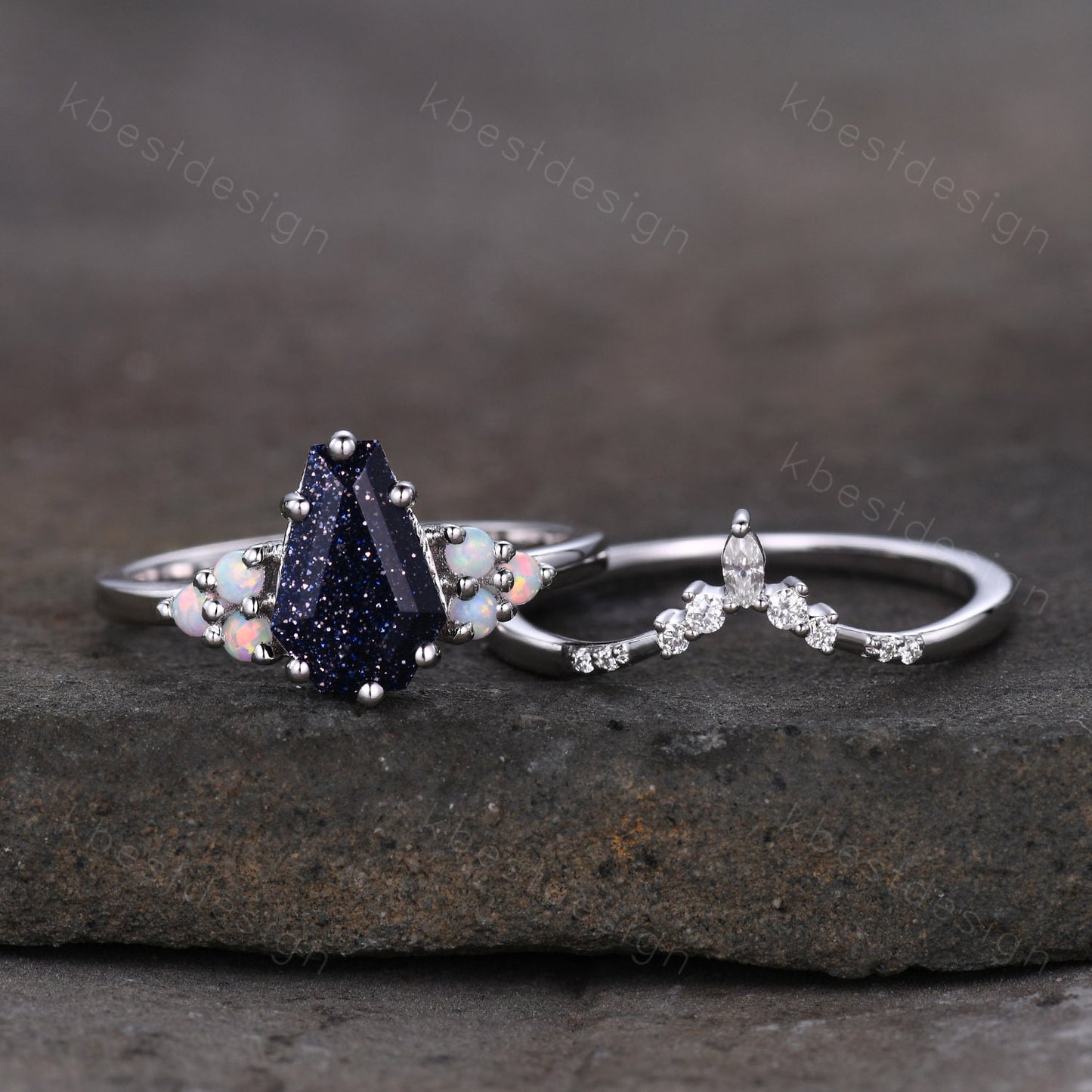 Sterling silver galaxy blue sandstone ring Coffin shaped ring Vintage opal Cluster engagement ring Dainty curved moissanite wedding band set