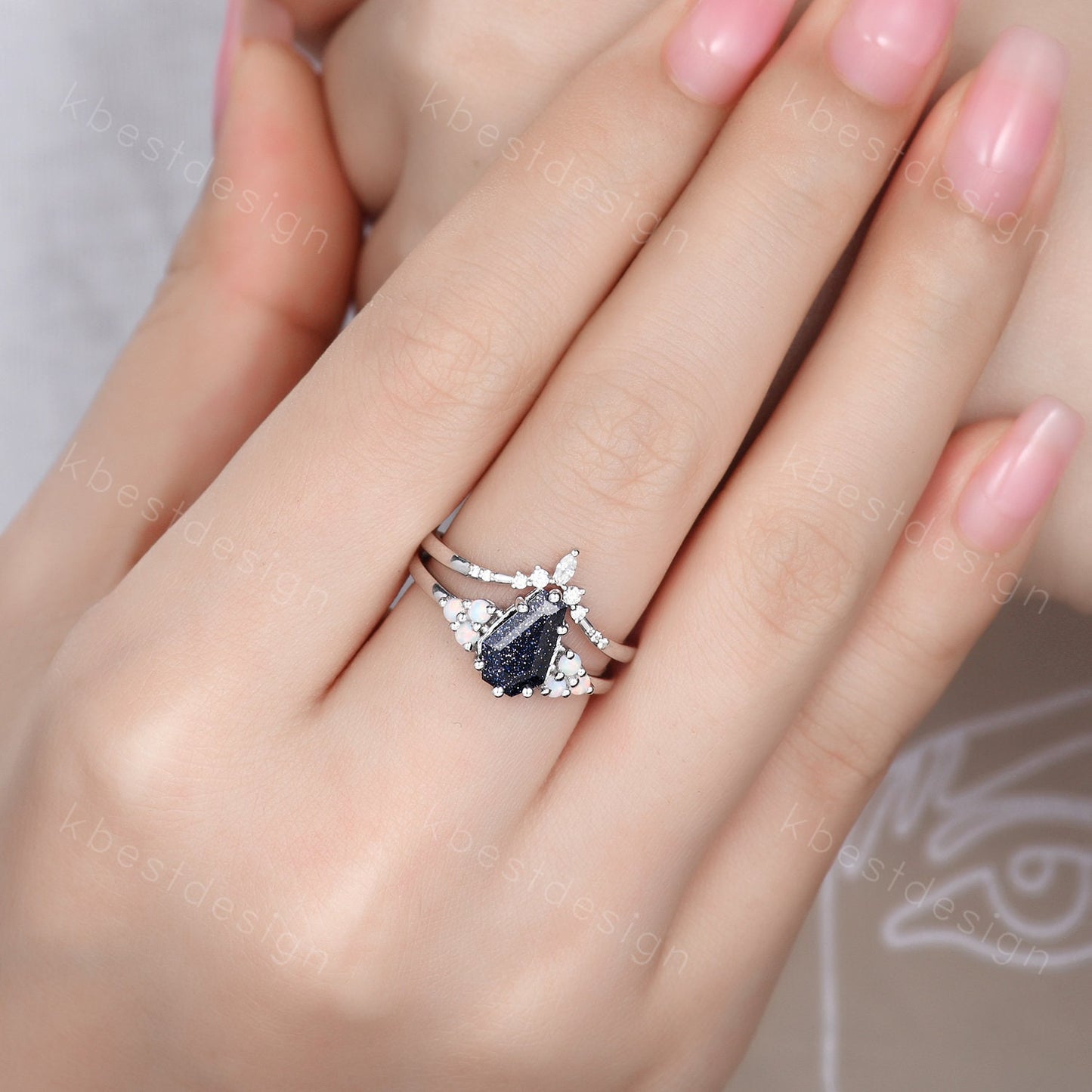Sterling silver galaxy blue sandstone ring Coffin shaped ring Vintage opal Cluster engagement ring Dainty curved moissanite wedding band set