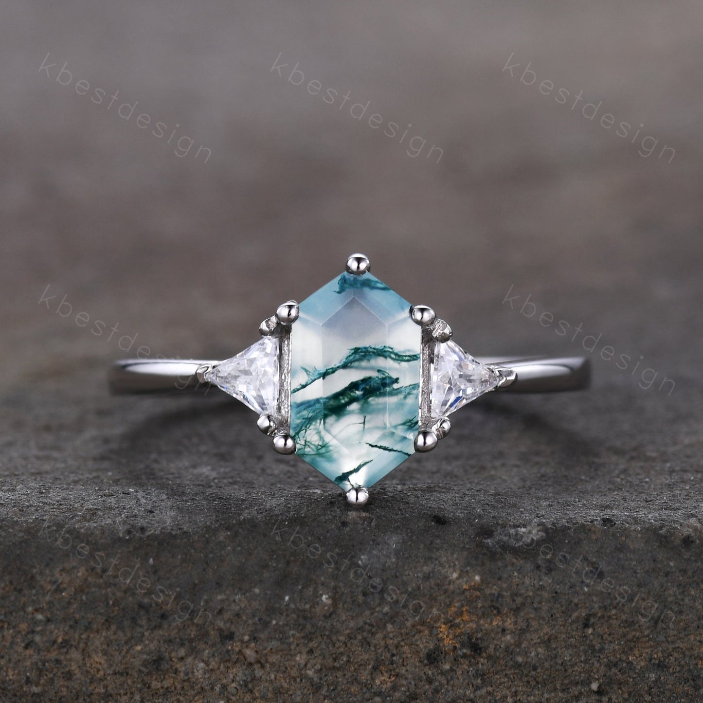 Hexagon cut green moss agate ring women sterling silver moissanite ring unique three stone engagement ring curved stacking bridal ring set
