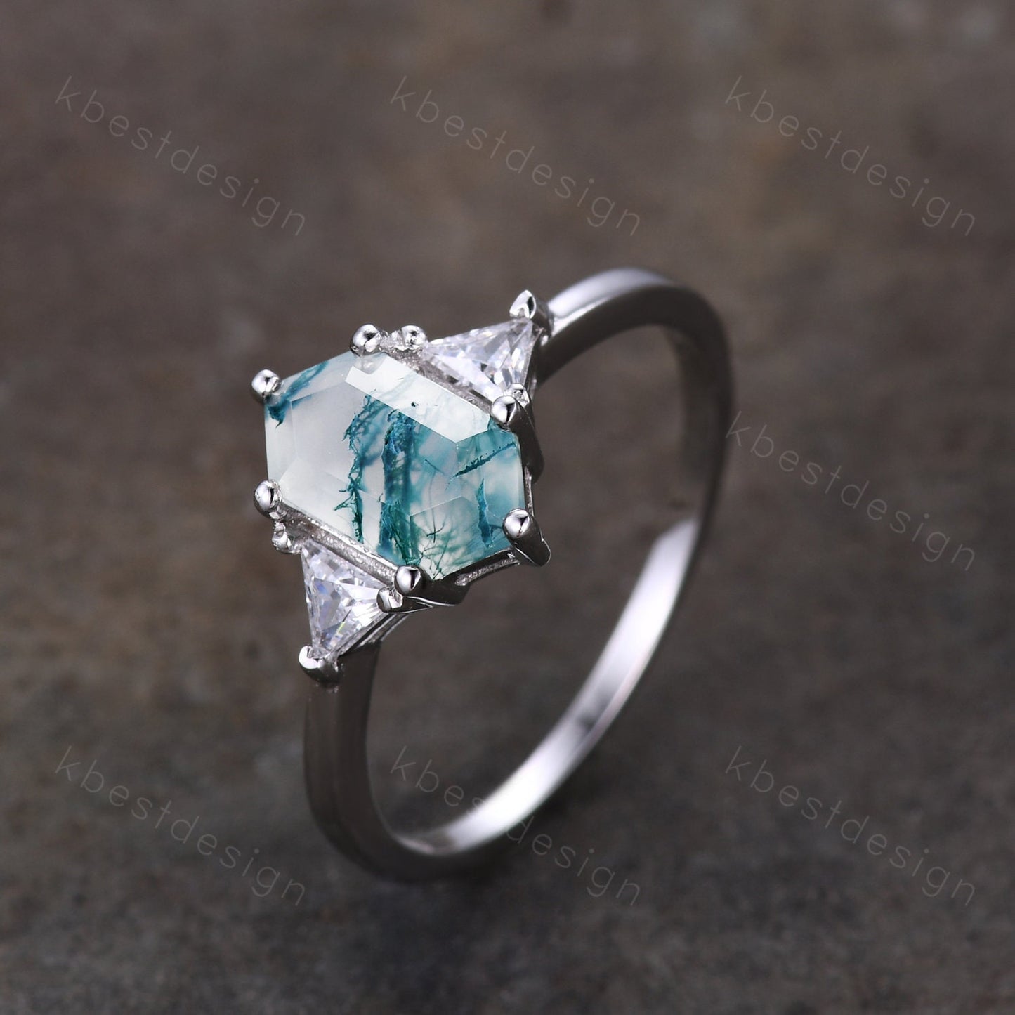 Hexagon cut green moss agate ring women sterling silver moissanite ring unique three stone engagement ring curved stacking bridal ring set