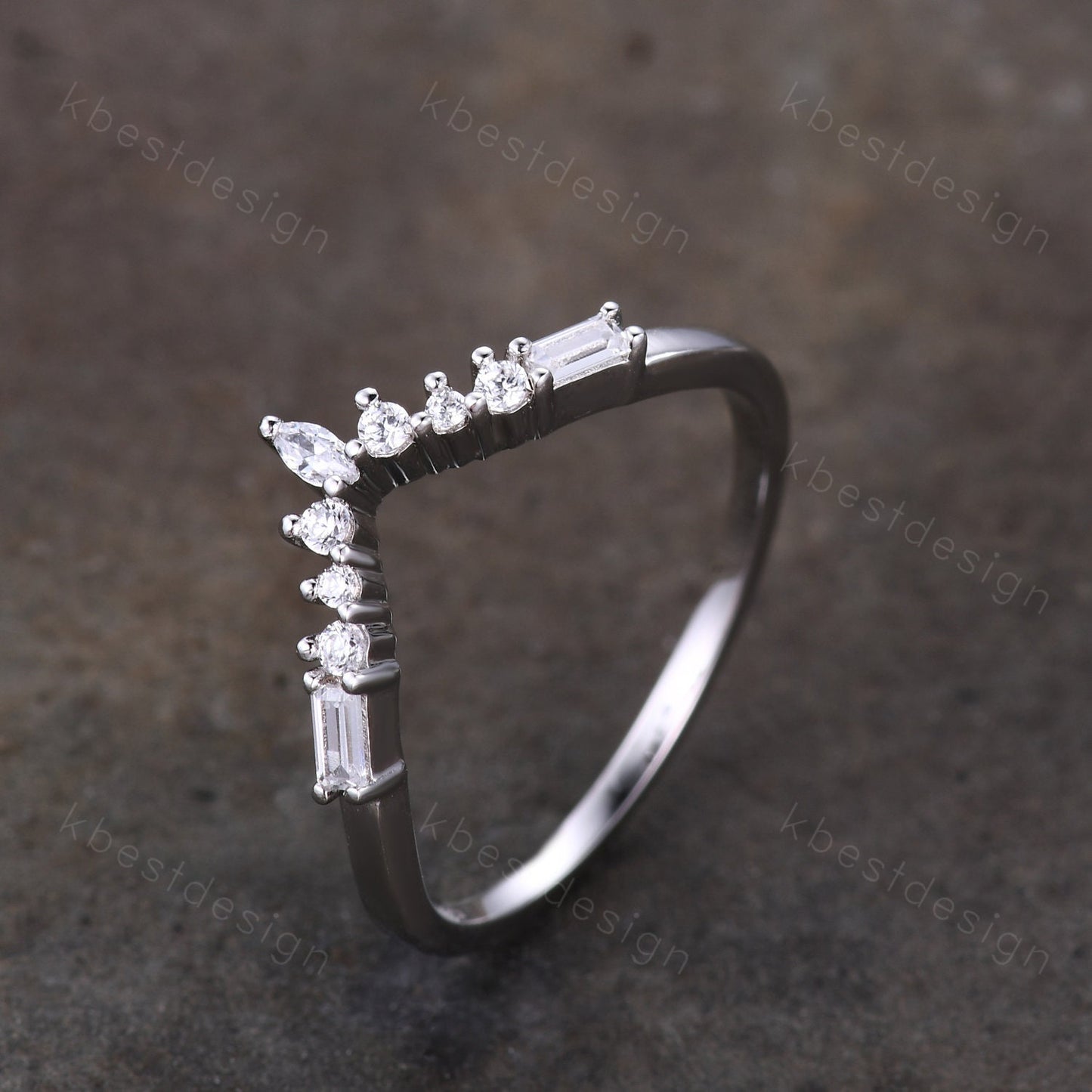 Curved wedding band sterling silver wedding ring art deco baguette Diamond/Moissanite stacking matching band anniversary gift for her