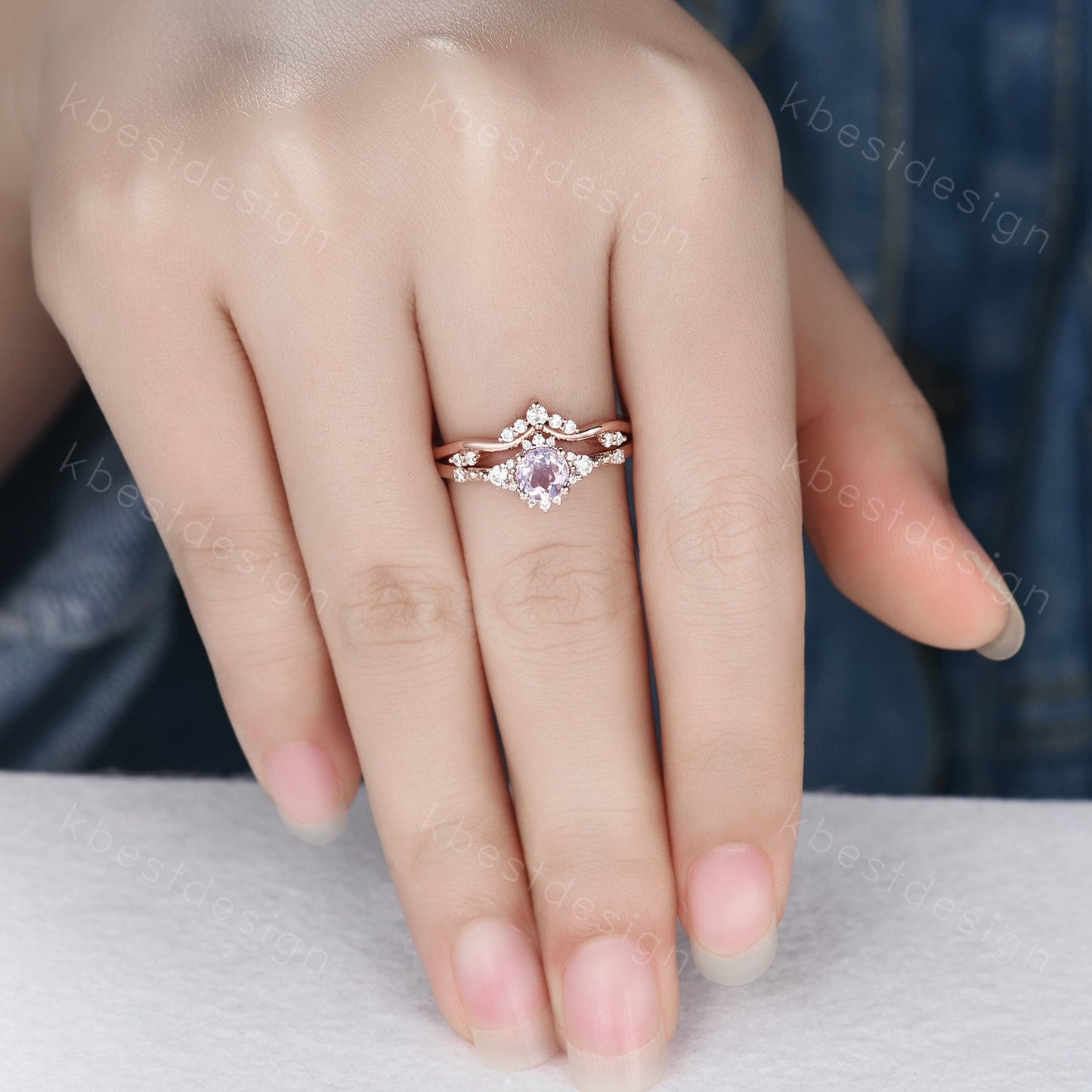 Dainty Rose Gold Lavender Amethyst Engagement Ring Set Unique Art Deco Amethyst Ring For Women Vintage Curved Wedding Bridal Promise Ring