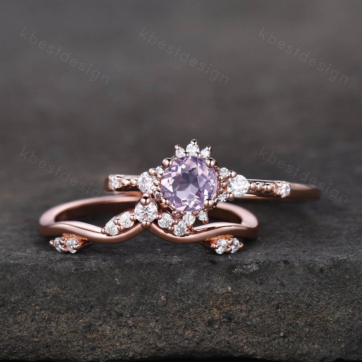 Dainty Rose Gold Lavender Amethyst Engagement Ring Set Unique Art Deco Amethyst Ring For Women Vintage Curved Wedding Bridal Promise Ring