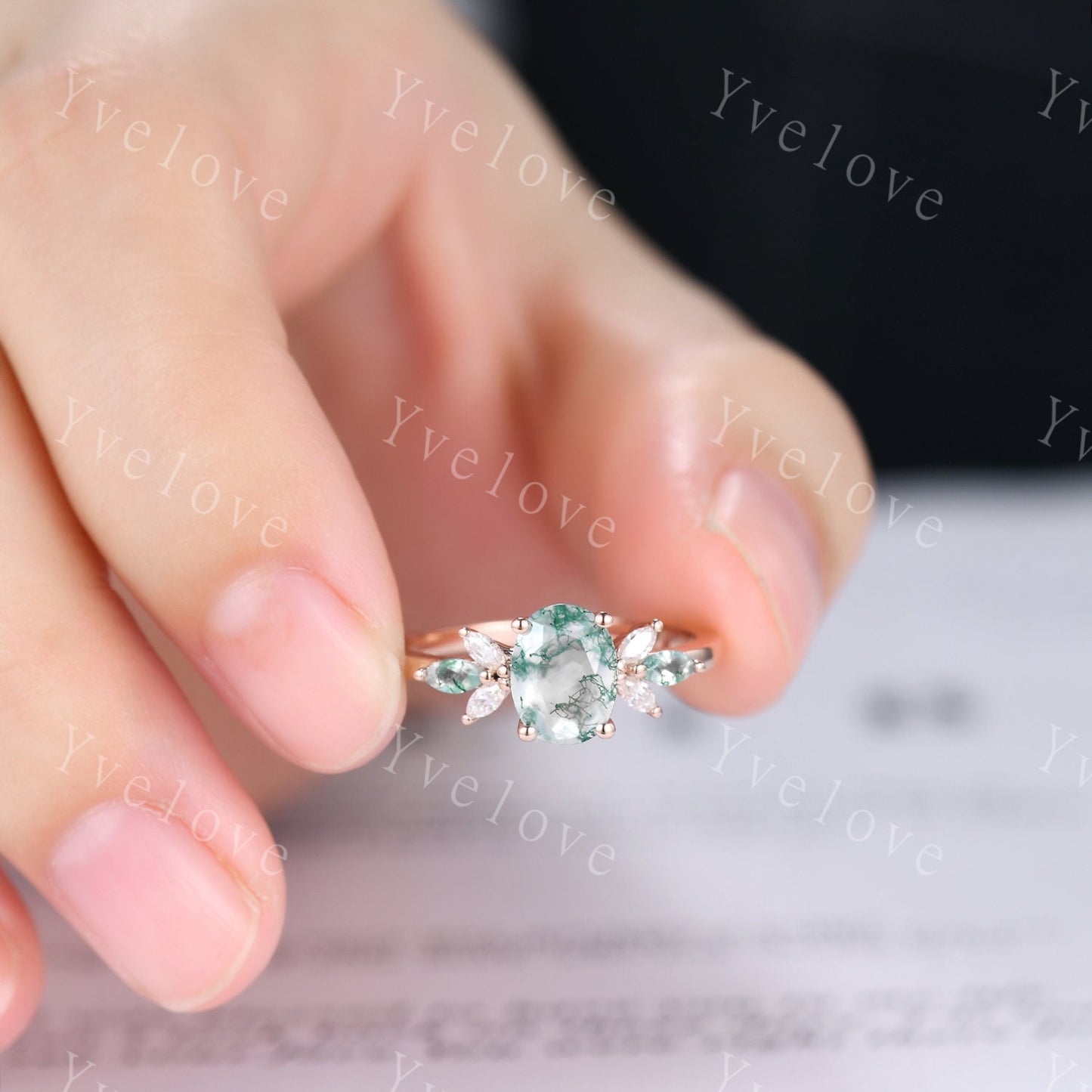 Moss Agate Engagement Ring Set Women Stacking Matching Band Moissanite Green Agate Ring Unique Vintage Floral Design Promise Bridal Set Gift