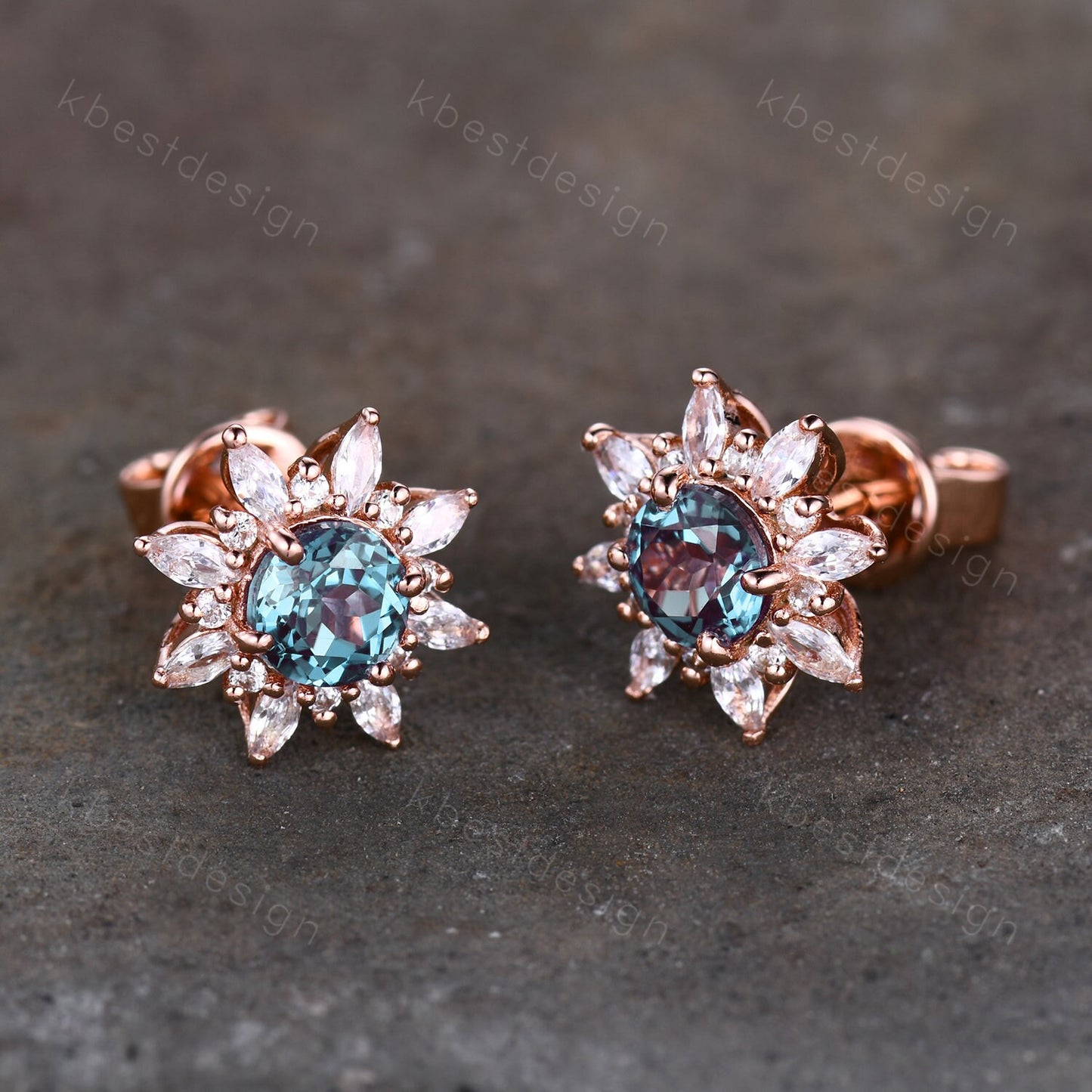 Vintage Moss Agate Earrings, Rose Gold Studs for woman, Green Aagte Stud earrings, Round cut Bridal Moissanite Earrings, Anniversary Gift
