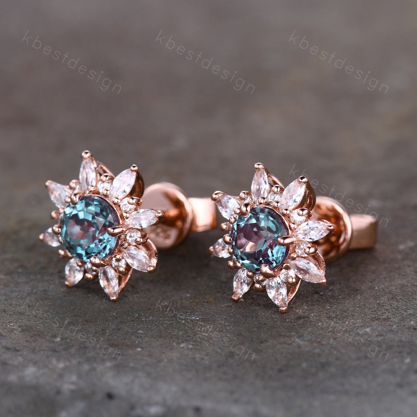 Vintage Alexandrite Earrings, Studs for woman, Rose Gold Stud earrings, June Birthstone Jewelry, Anniversary Gift