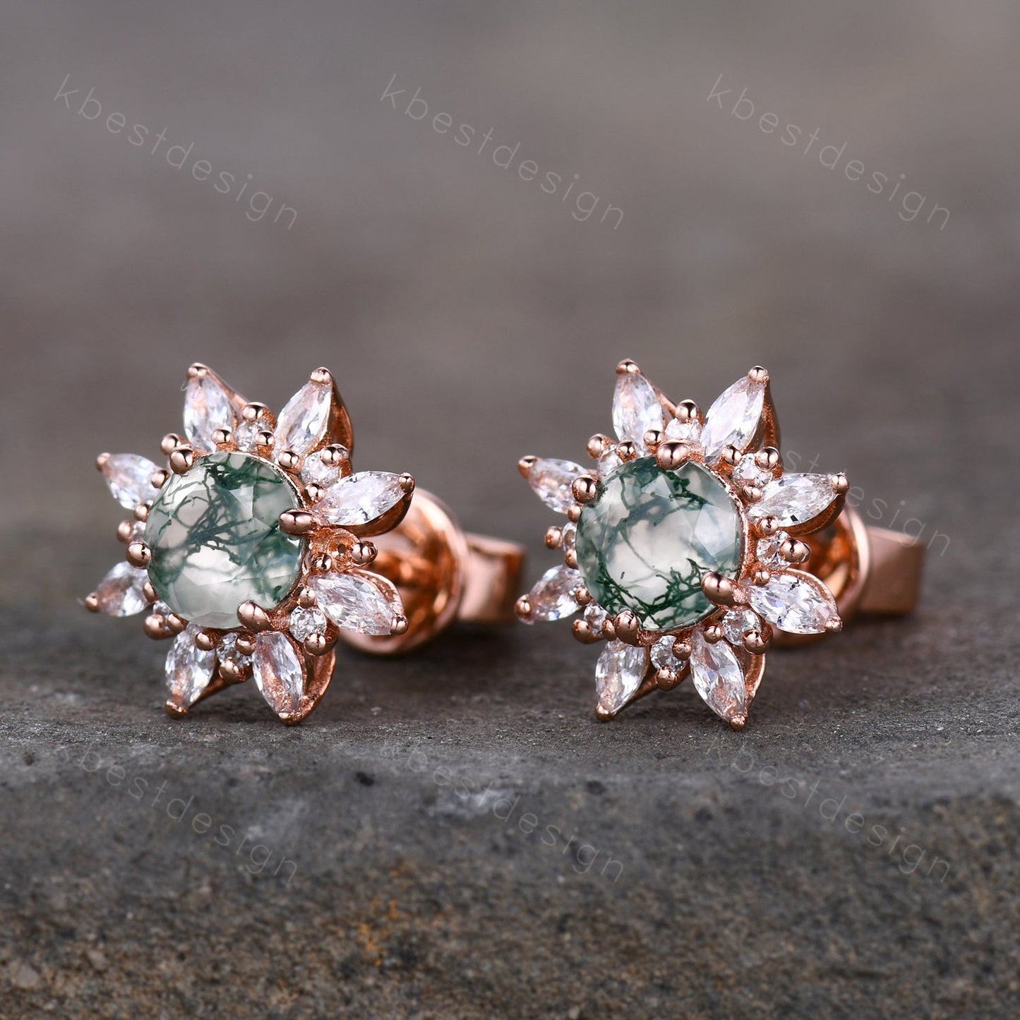 Vintage Moss Agate Earrings, Rose Gold Studs for woman, Green Aagte Stud earrings, Round cut Bridal Moissanite Earrings, Anniversary Gift