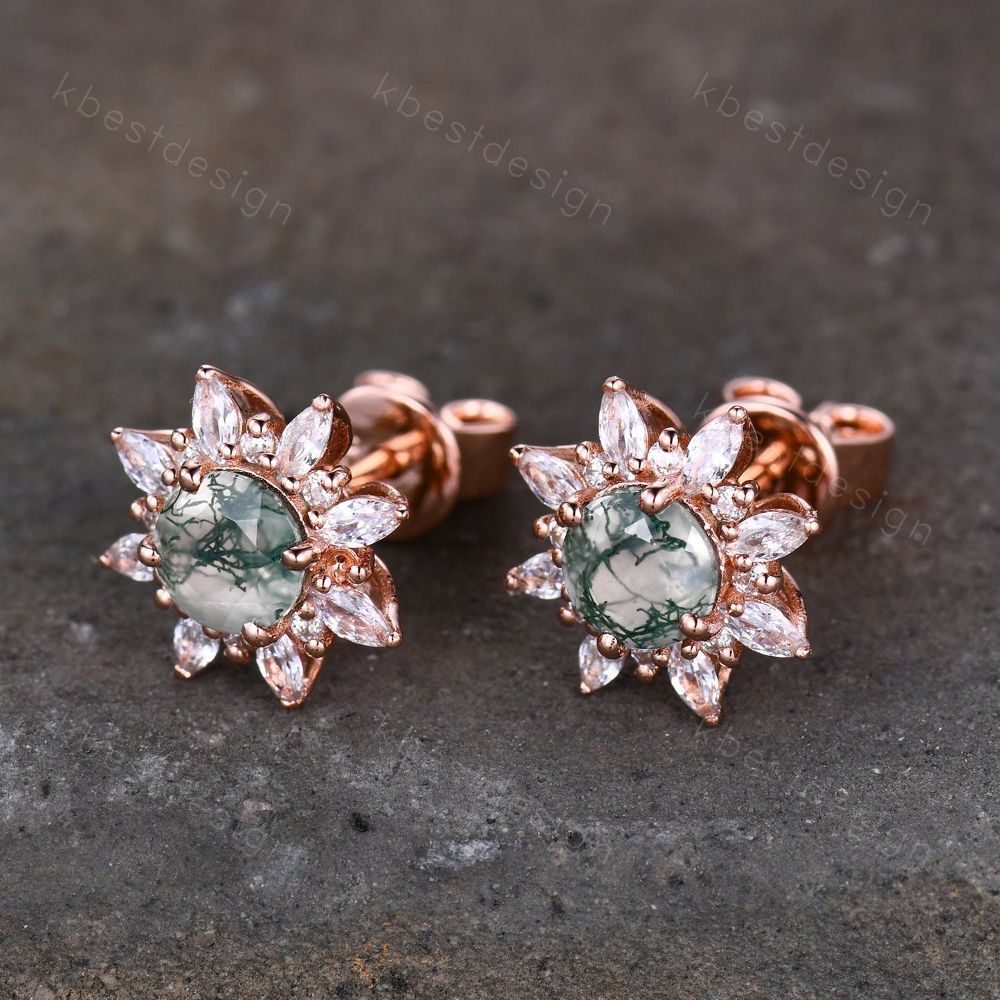 Vintage Moss Agate Earrings, Rose Gold Studs for woman, Green Aagte Stud earrings, Round cut Bridal Moissanite Earrings, Anniversary Gift