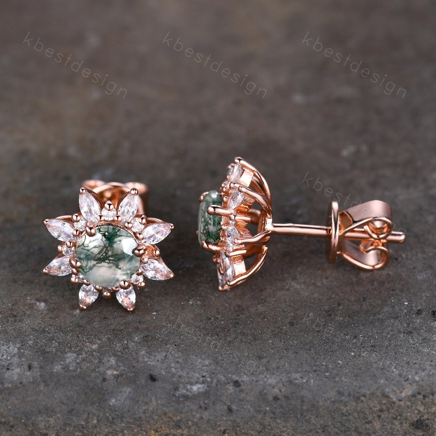 Vintage Moss Agate Earrings, Rose Gold Studs for woman, Green Aagte Stud earrings, Round cut Bridal Moissanite Earrings, Anniversary Gift