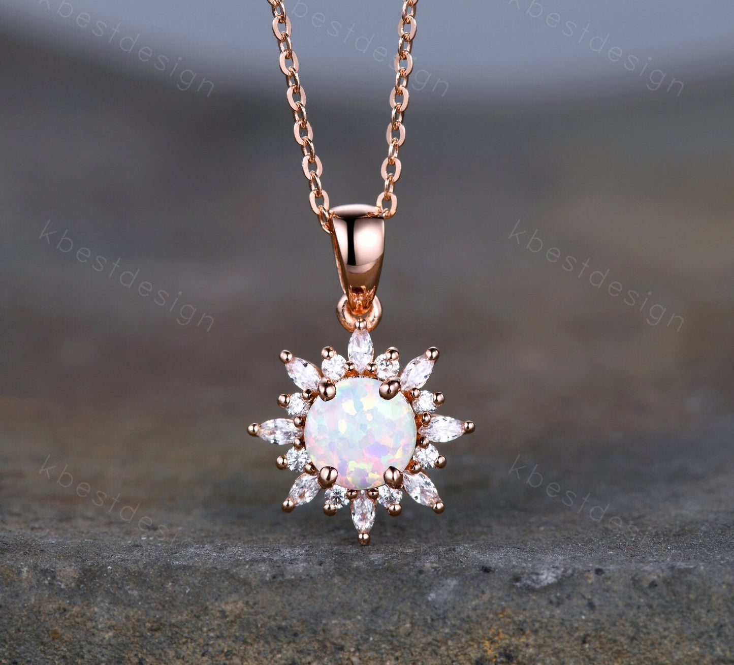 1CT White Fire Opal Necklace, Rose Gold Round cut Opal Pendant, October Birthstone Jewelry, Unique Opal Moissanite Pendant, Gift for Her