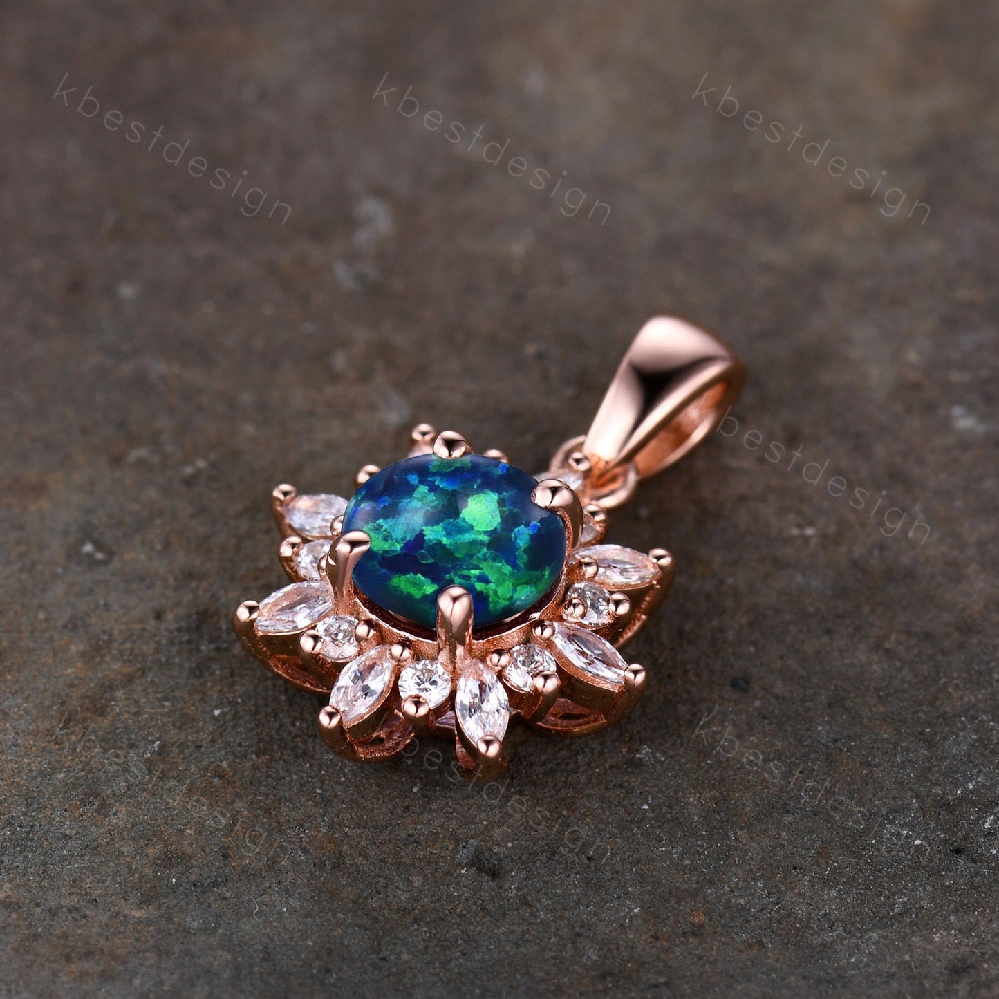 Blue Opal Art Deco Necklace, Rose Gold Birthstone Necklace, Vintage Opal Pendant, Moissanite Necklace Pendant for Women, Valentines Gifts