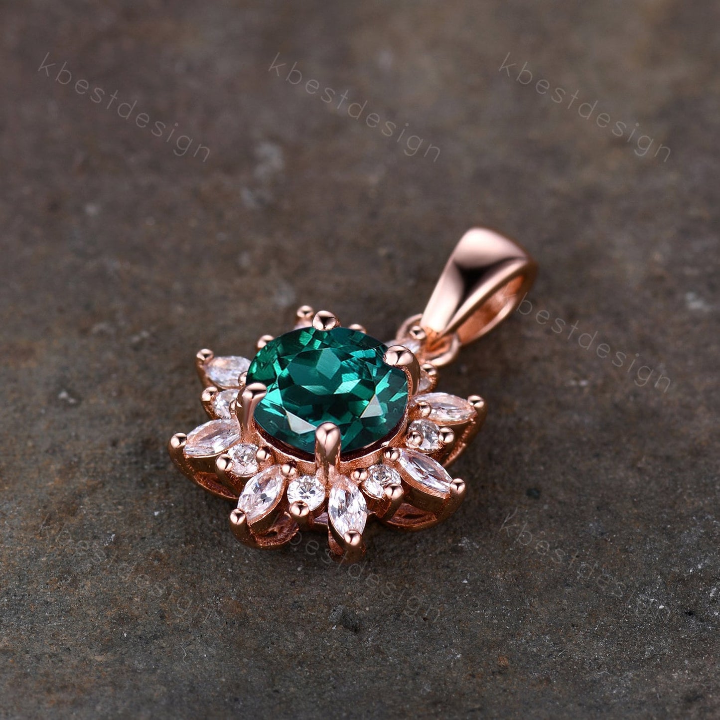 Emerald Necklace, Rose Gold Necklace, Vintage Birthstone Necklace, Round Emerald Pendant, May Birthstone Jewelry, Gift for Her, Art Deco