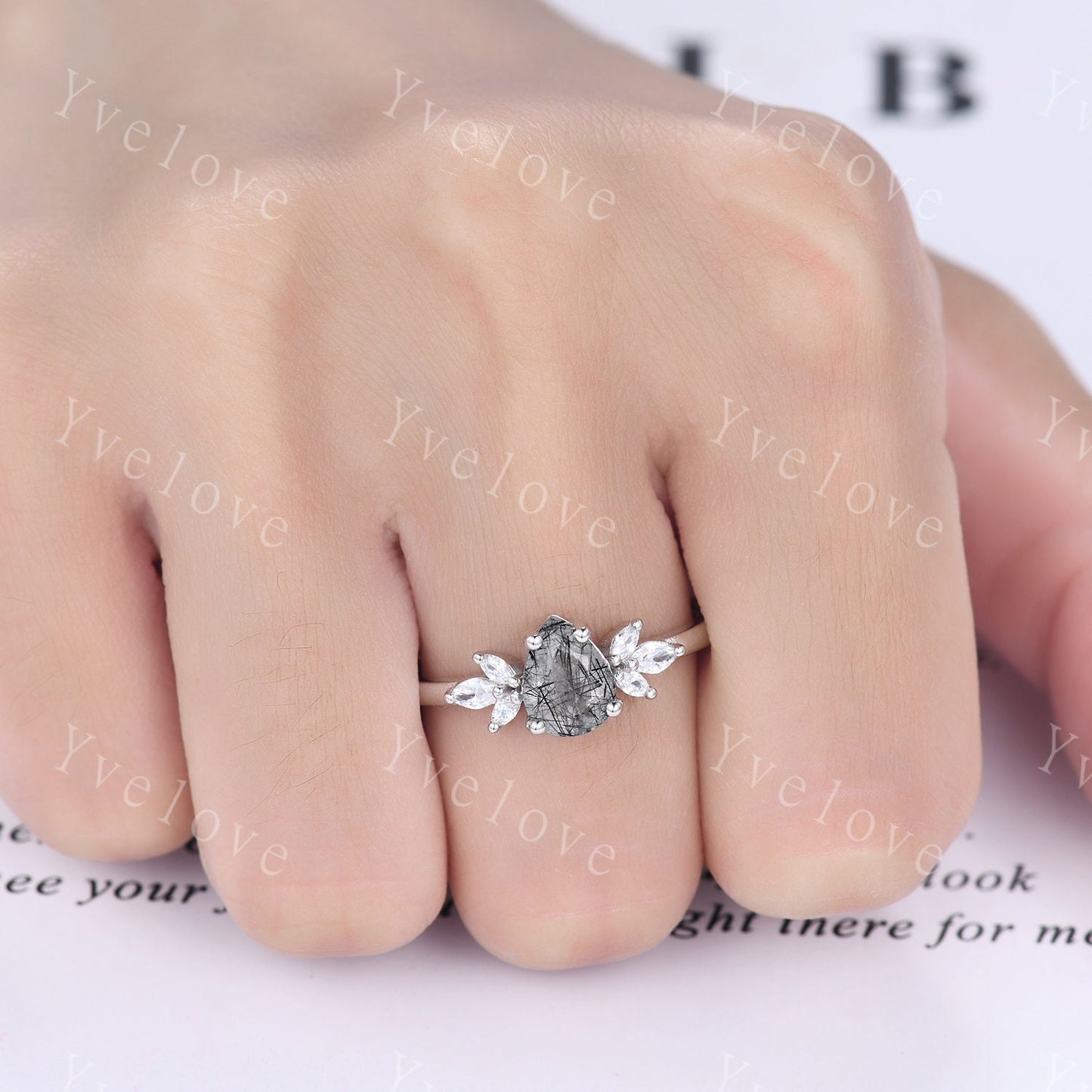 Pear Black Rutilated Quartz Engagement Ring Set Art Deco Ring Women Stacking Diamond Moissanite Matching Band Unique Vintage Jewelry Silver