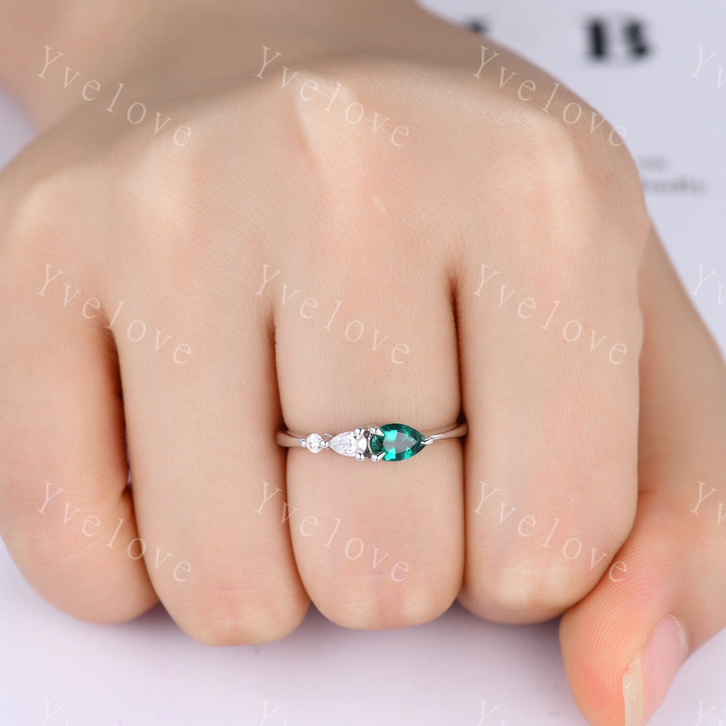 Vintage Emerald Ring Engagement Ring,Pear Cut Gems,Art Deco Moissanite Wedding Band,3 Stone Unique Women Bridal Promise Ring Gift,Rose gold