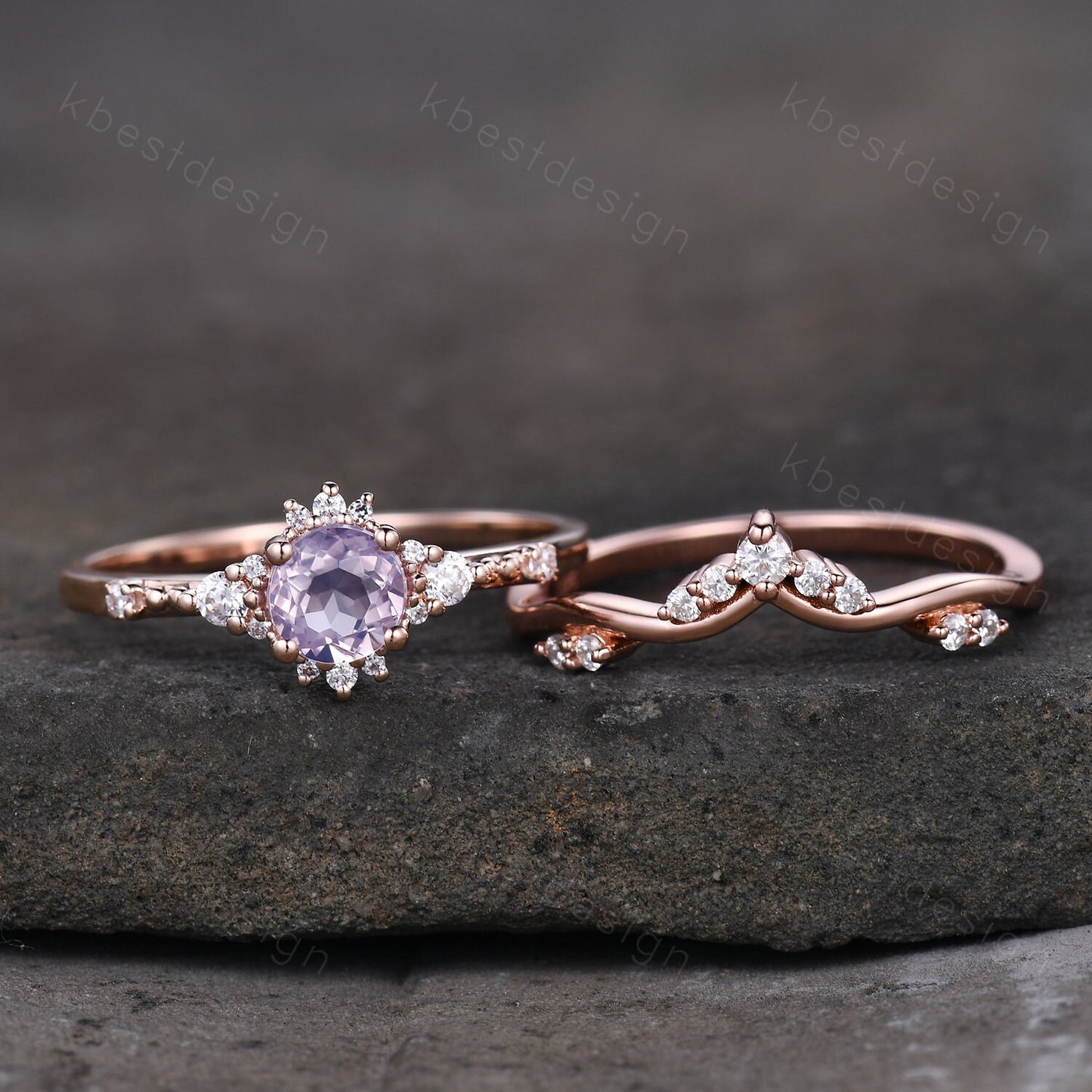 Dainty Rose Gold Lavender Amethyst Engagement Ring Set Unique Art Deco Amethyst Ring For Women Vintage Curved Wedding Bridal Promise Ring