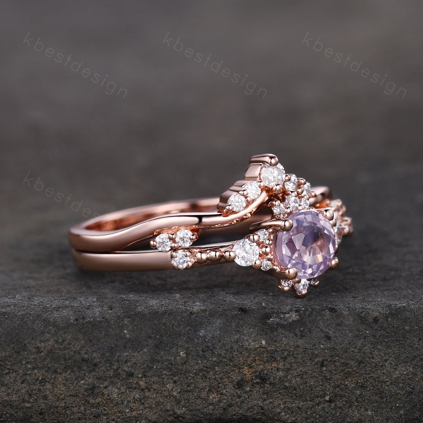 Dainty Rose Gold Lavender Amethyst Engagement Ring Set Unique Art Deco Amethyst Ring For Women Vintage Curved Wedding Bridal Promise Ring
