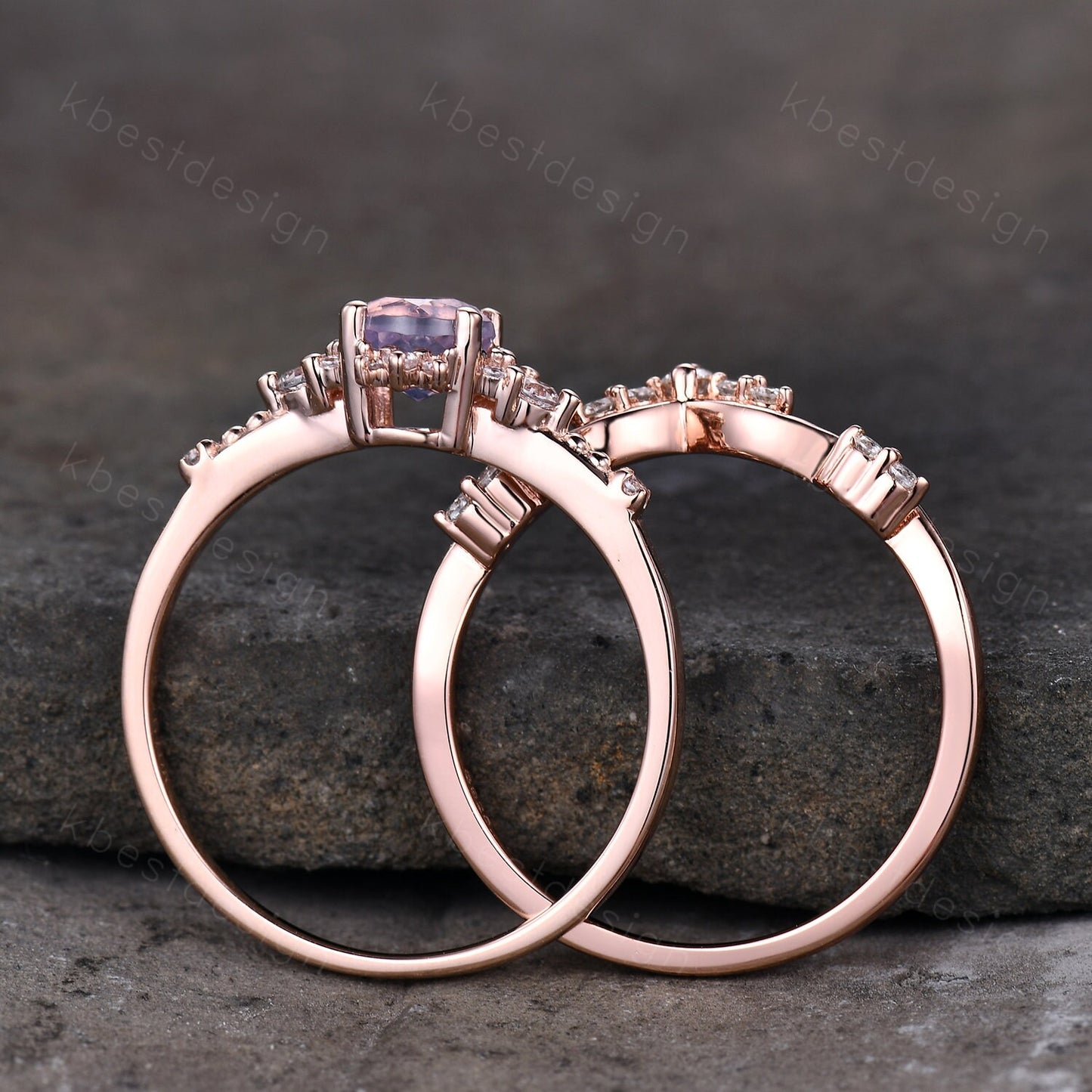 Dainty Rose Gold Lavender Amethyst Engagement Ring Set Unique Art Deco Amethyst Ring For Women Vintage Curved Wedding Bridal Promise Ring