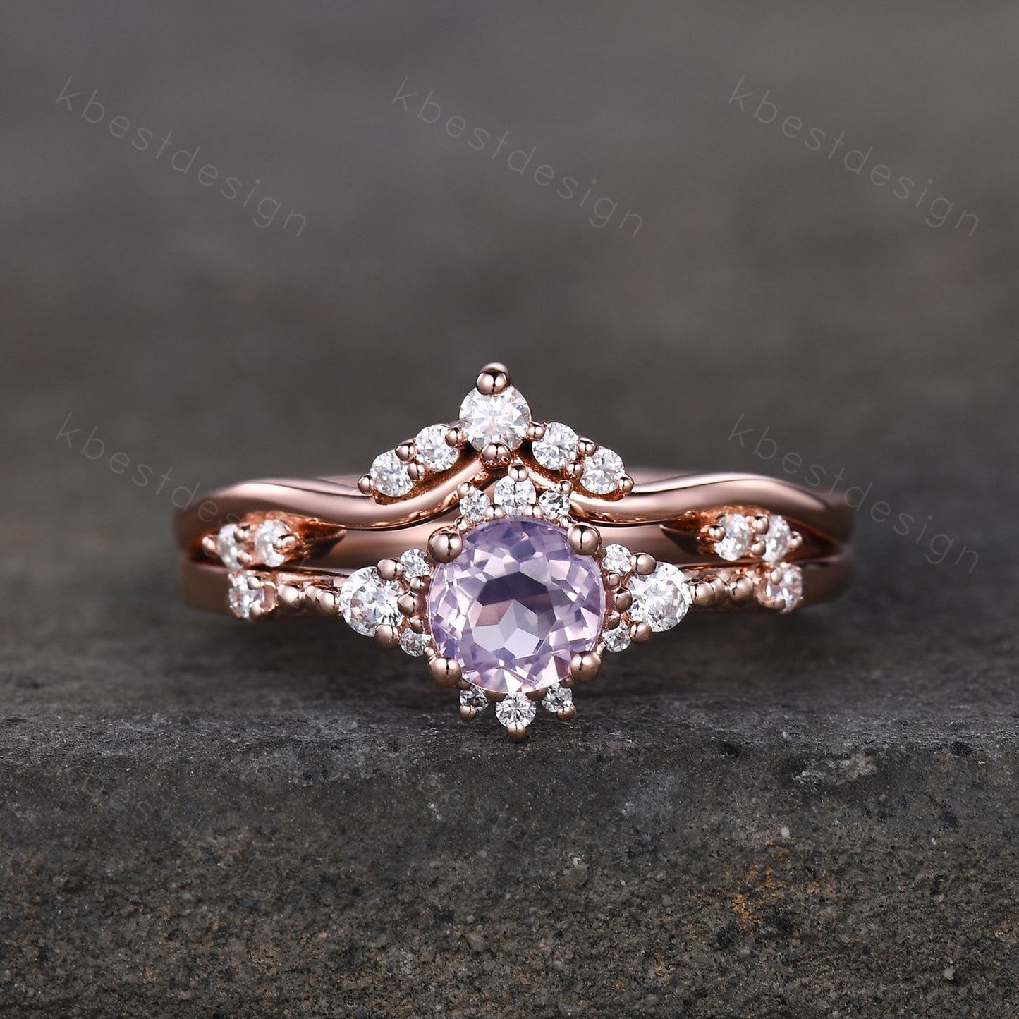 Dainty Rose Gold Lavender Amethyst Engagement Ring Set Unique Art Deco Amethyst Ring For Women Vintage Curved Wedding Bridal Promise Ring