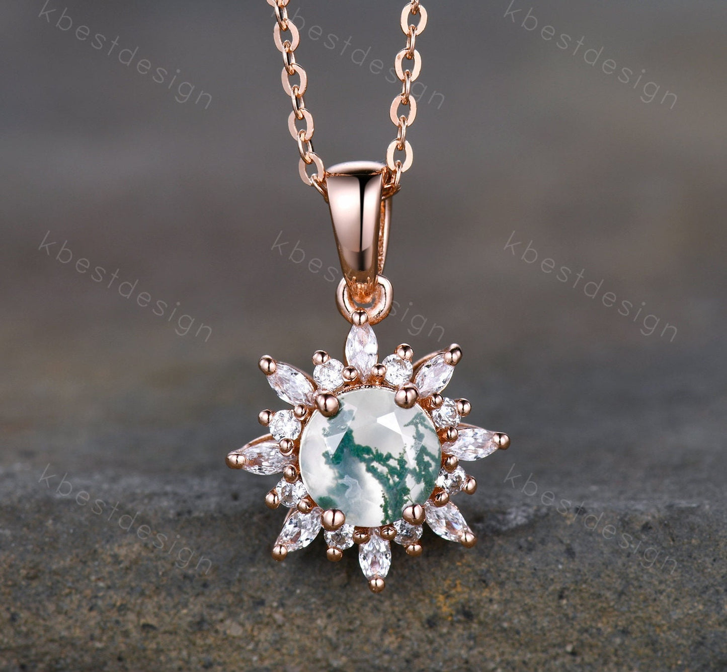 Blue Opal Art Deco Necklace, Rose Gold Birthstone Necklace, Vintage Opal Pendant, Moissanite Necklace Pendant for Women, Valentines Gifts