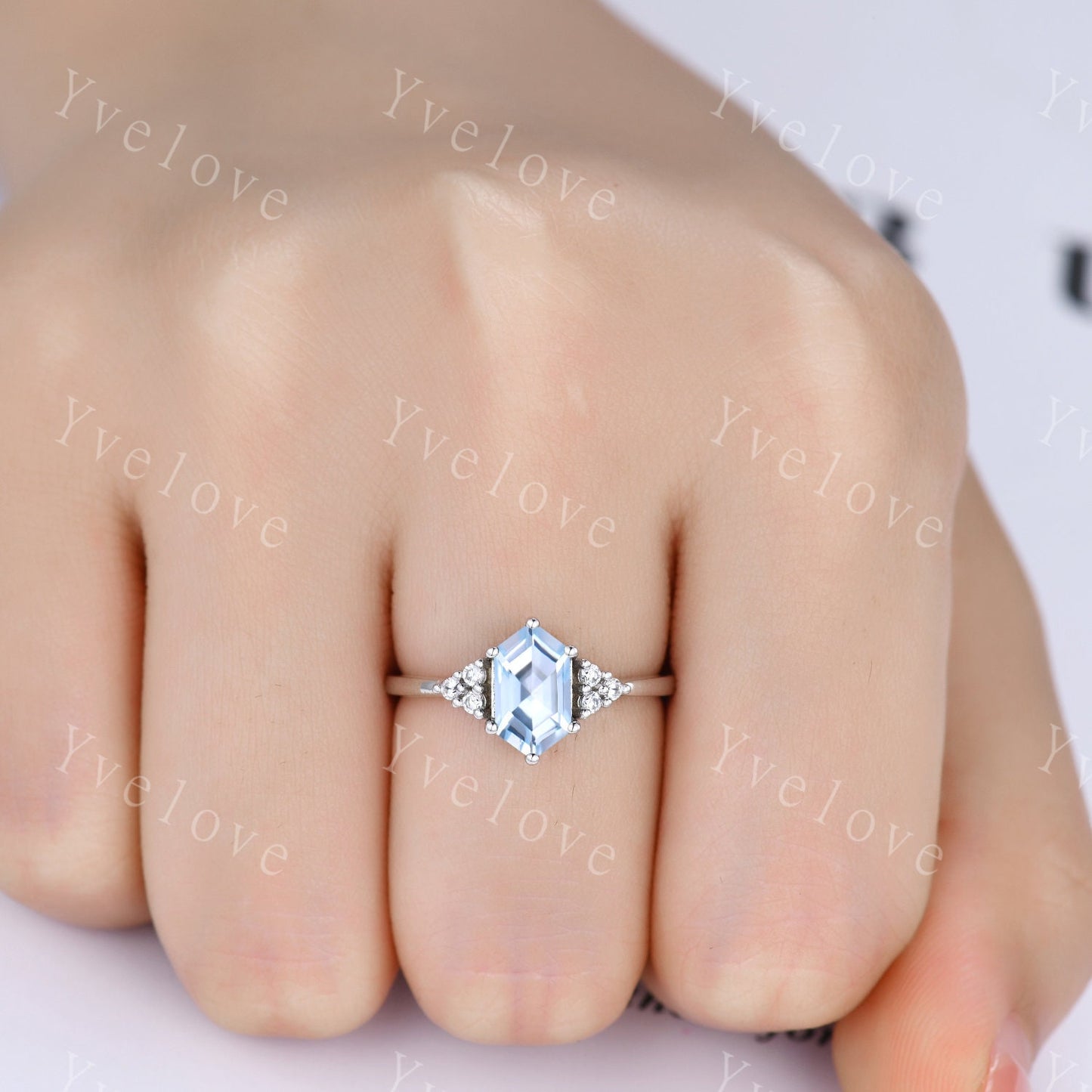 Retro hexagon Aquamarine Ring,Vintage Sterling Silver Ring Set,Unique Aquamarine Engagement Ring,Promise Ring,Anniversary Ring Gift For Her