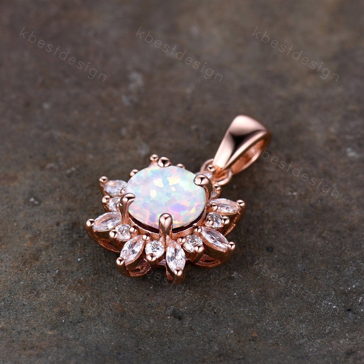 1CT White Fire Opal Necklace, Rose Gold Round cut Opal Pendant, October Birthstone Jewelry, Unique Opal Moissanite Pendant, Gift for Her