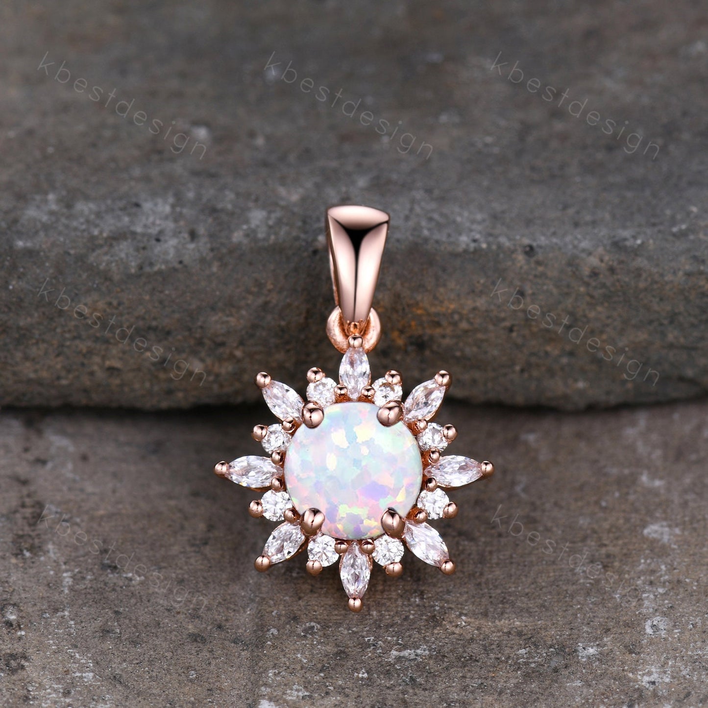 1CT White Fire Opal Necklace, Rose Gold Round cut Opal Pendant, October Birthstone Jewelry, Unique Opal Moissanite Pendant, Gift for Her