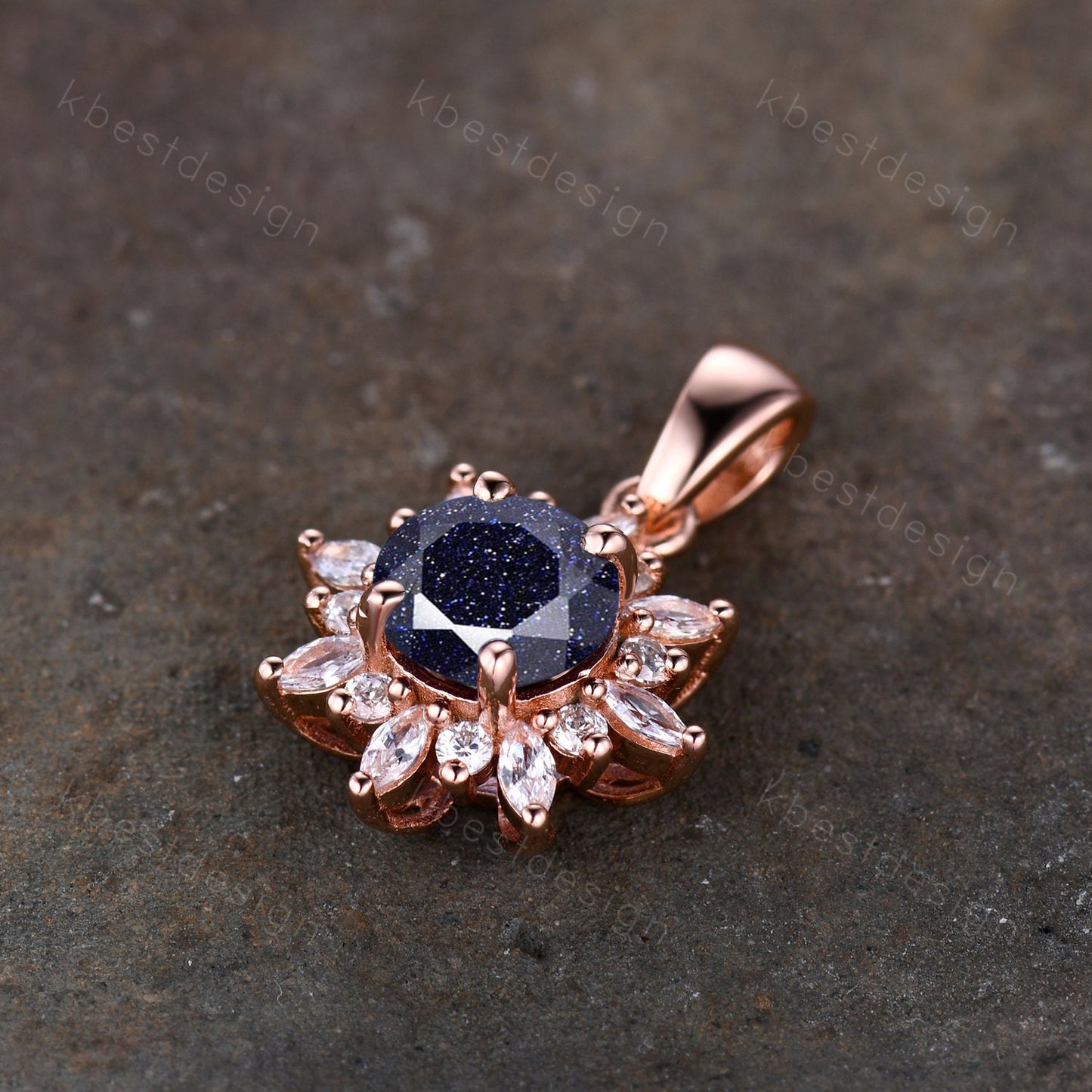 1CT Round Galaxy Blue Sandstone Necklace Vintage Art Deco Necklace for Women Unique Marquise cut Moissanite Halo Pendant Anniversary Gift