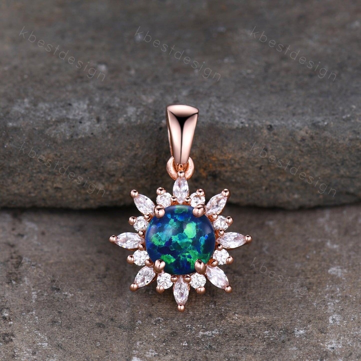 Blue Opal Art Deco Necklace, Rose Gold Birthstone Necklace, Vintage Opal Pendant, Moissanite Necklace Pendant for Women, Valentines Gifts