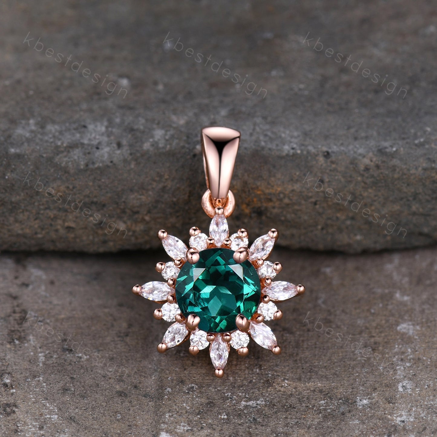 Emerald Necklace, Rose Gold Necklace, Vintage Birthstone Necklace, Round Emerald Pendant, May Birthstone Jewelry, Gift for Her, Art Deco