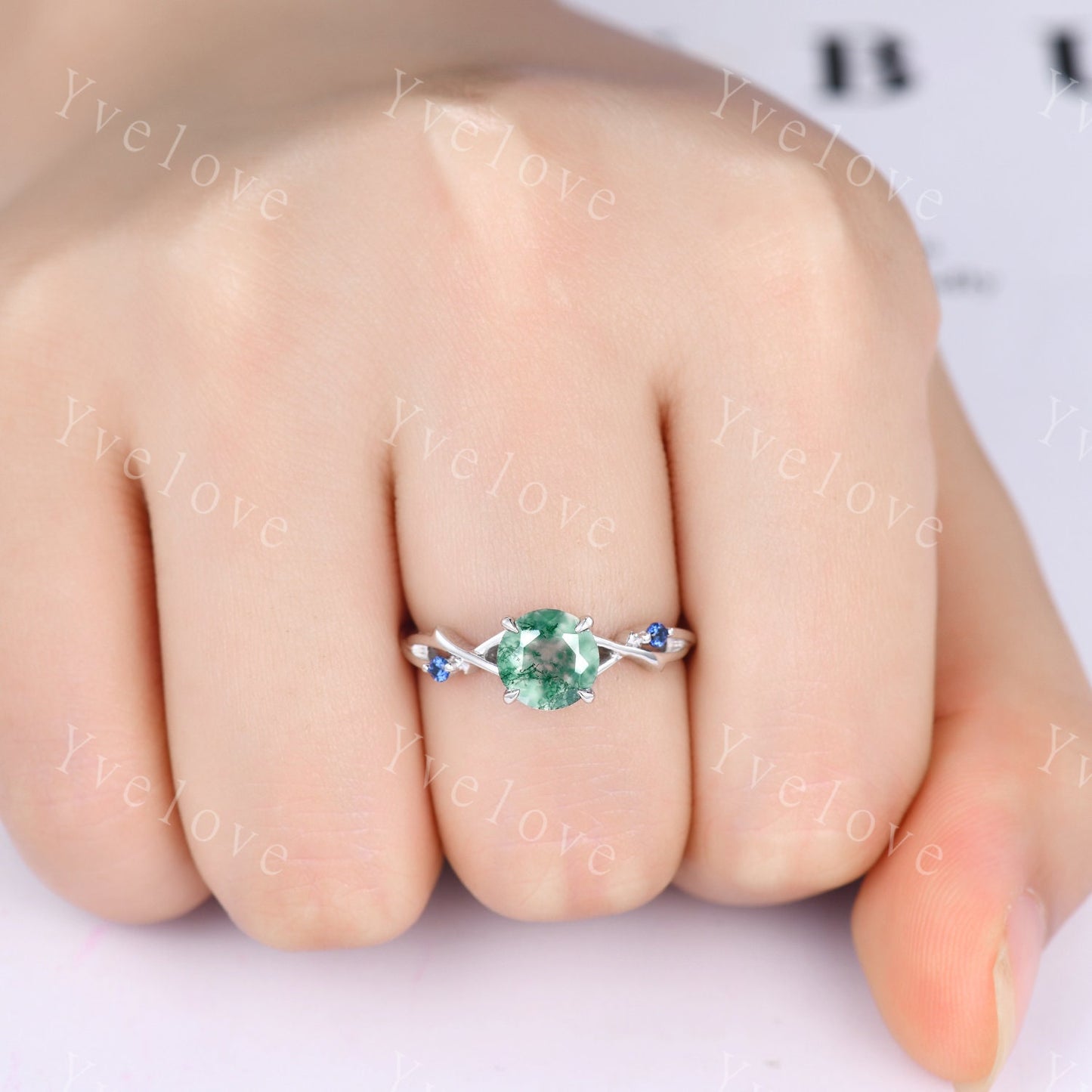 Twig Moss Agate Engagement Ring,green agate engagement ring set,blue sapphire ring,vintage unique promise ring set gift for women,platinum