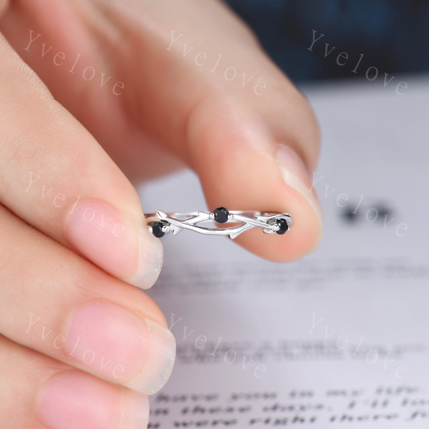 Minimalist Twig Black Spinel Engagement Ring,Twig Matching Band,Women Leaf Band ,Art Deco Branch Black Gem Wedding Band,Twisted Band,Silver