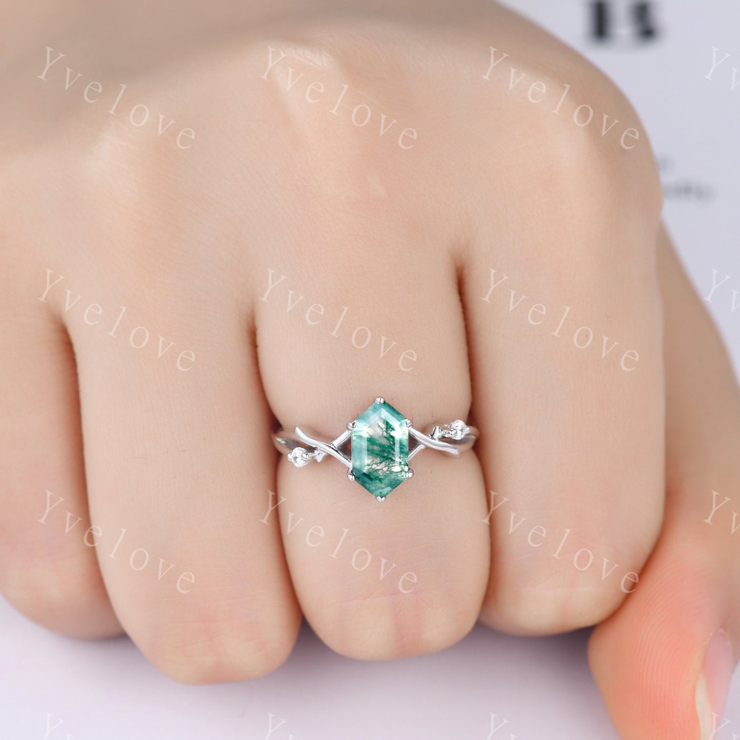 Unique Hexagon Moss Agate Engagement Ring,Vintage Twig Diamond Ring,Branch Ring,White Gold Silver Ring,Promise Bridal Set,Green Agate Ring