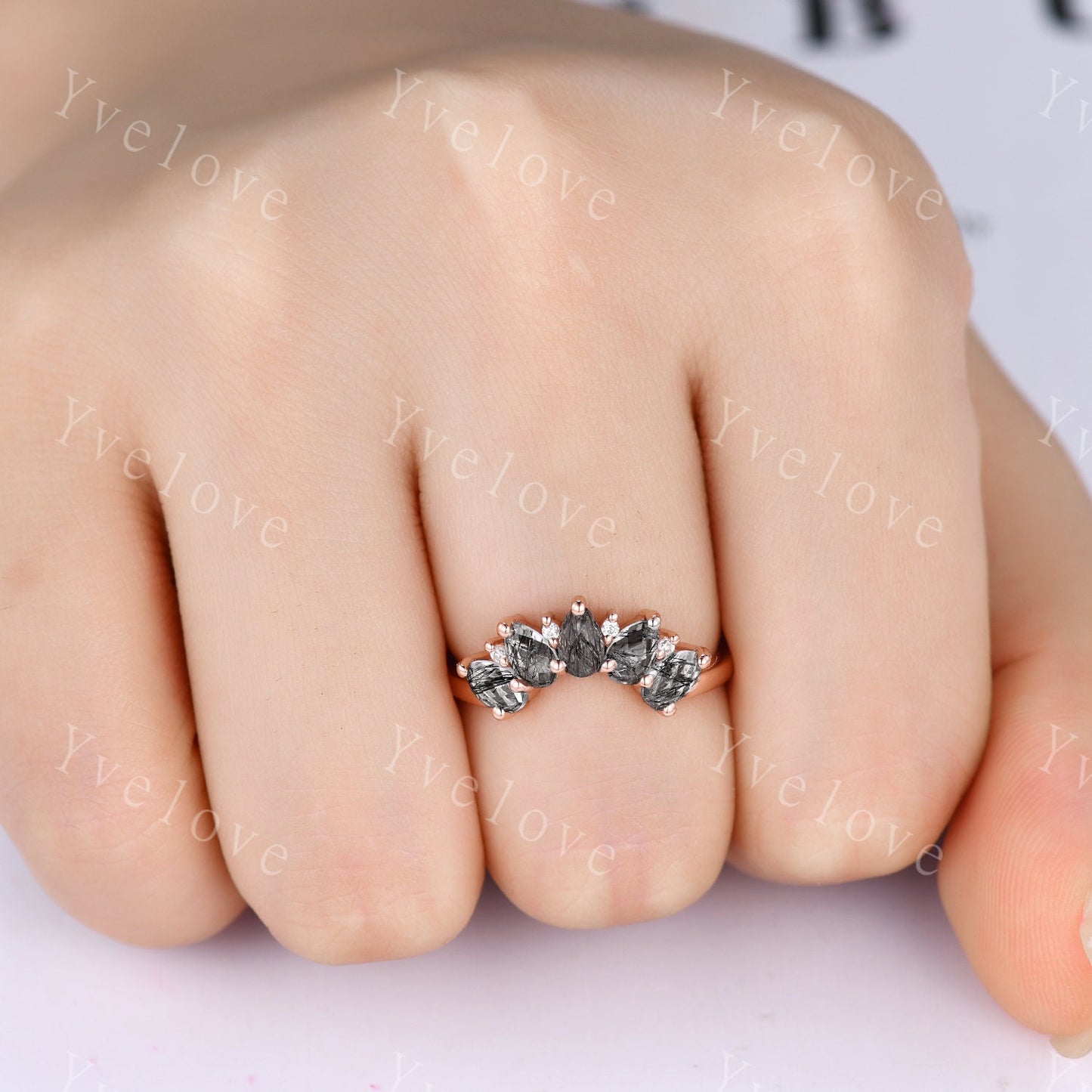 Black rutilate quartz wedding band,Statement ring,Curved wedding ring,Unique Stacking ring diamond ring,Matching band,Women Jewelry Gift