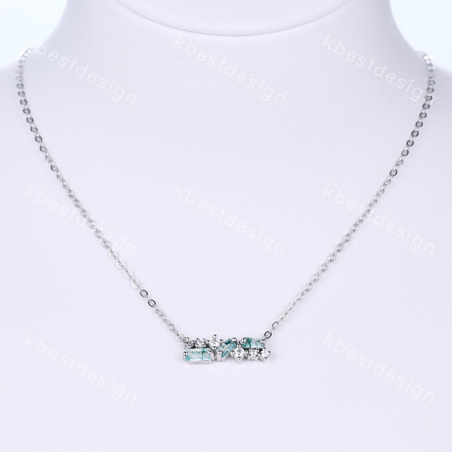 Baguette cut Natural Moss Agate Necklace, Silver Necklace, Art Deco Women Necklace, Unique Moissanite Necklace, Anniversary Promise Gift
