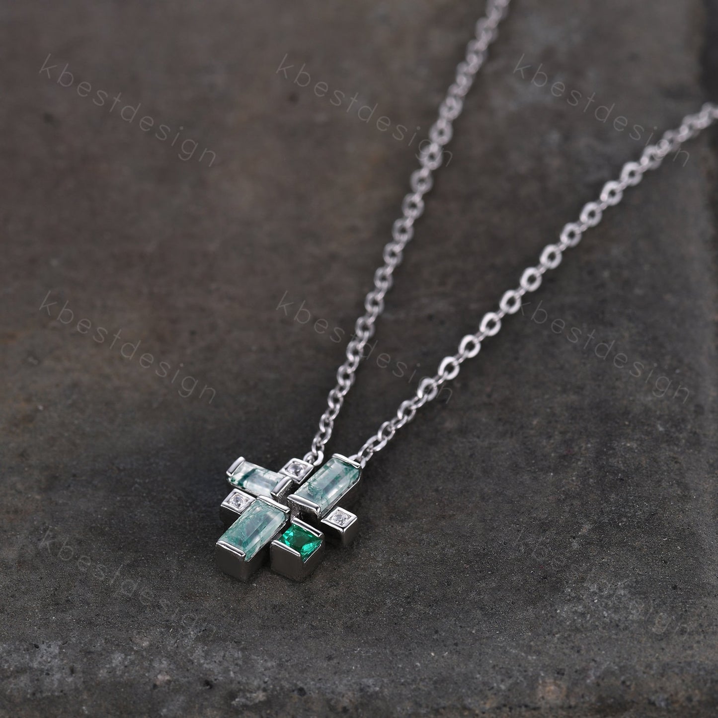 Unique Baguette cut Moss Agate Necklace, Green Gem Necklace, Silver Necklaces for Women, Art Deco Cluster Necklace, Anniversary Promise Gift