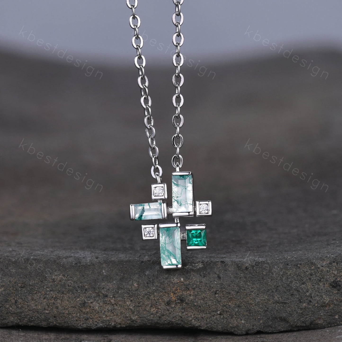 Unique Baguette cut Moss Agate Necklace, Green Gem Necklace, Silver Necklaces for Women, Art Deco Cluster Necklace, Anniversary Promise Gift