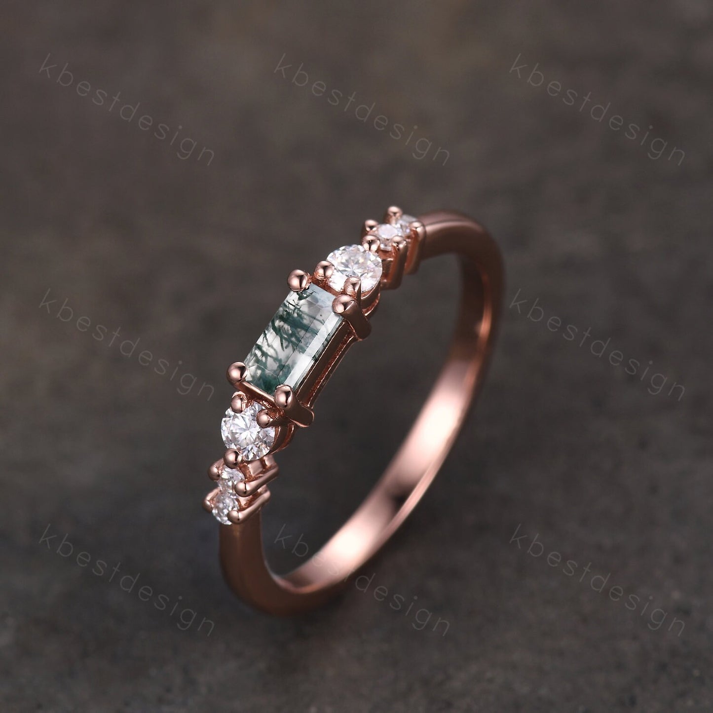 Baguette cut Moss Agate Wedding Band Unique Sterling Silver Wedding Band Antique Moissanite Ring Minimalist Bridal Matching Stackable band
