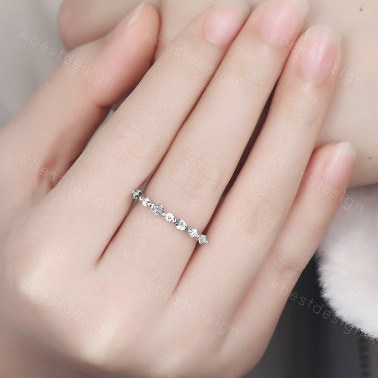 Kite cut Moss Agate Wedding Band Unique Rose Gold Wedding Band Antique Moissanite Ring Minimalist Bridal Matching Stackable band