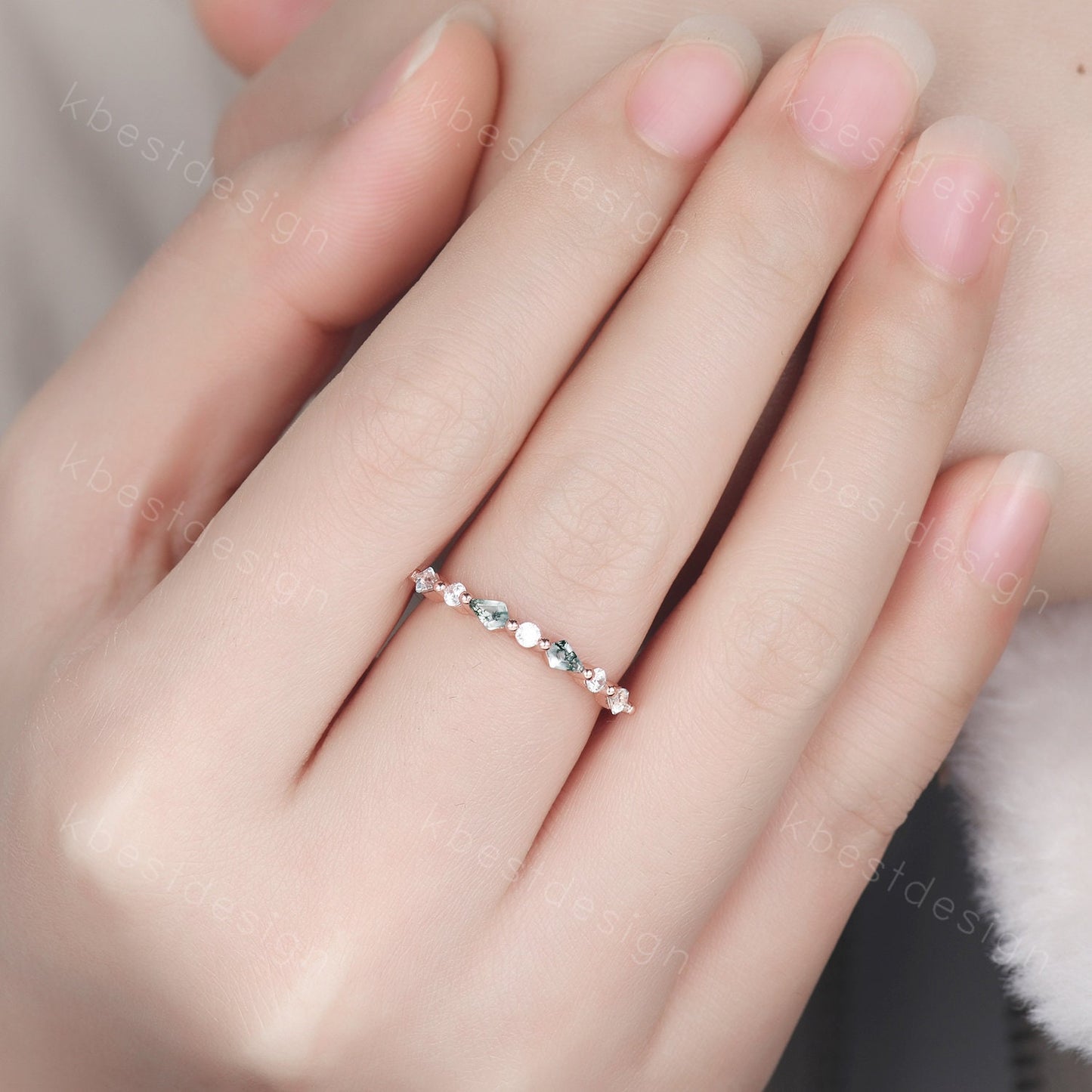 Kite cut Moss Agate Wedding Band Unique Rose Gold Wedding Band Antique Moissanite Ring Minimalist Bridal Matching Stackable band