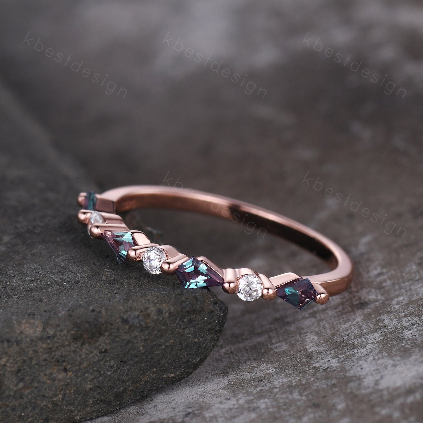 Vintage Alexandrite Wedding Band Kite cut Wedding Band Women Rose Gold Band Unique Half eternity band Delicate Stacking Band Gift for Her