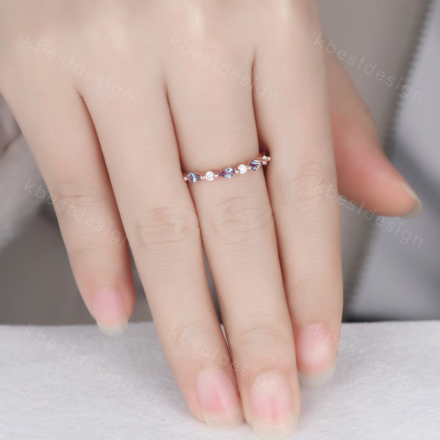Vintage Alexandrite Wedding Band Kite cut Wedding Band Women Rose Gold Band Unique Half eternity band Delicate Stacking Band Gift for Her