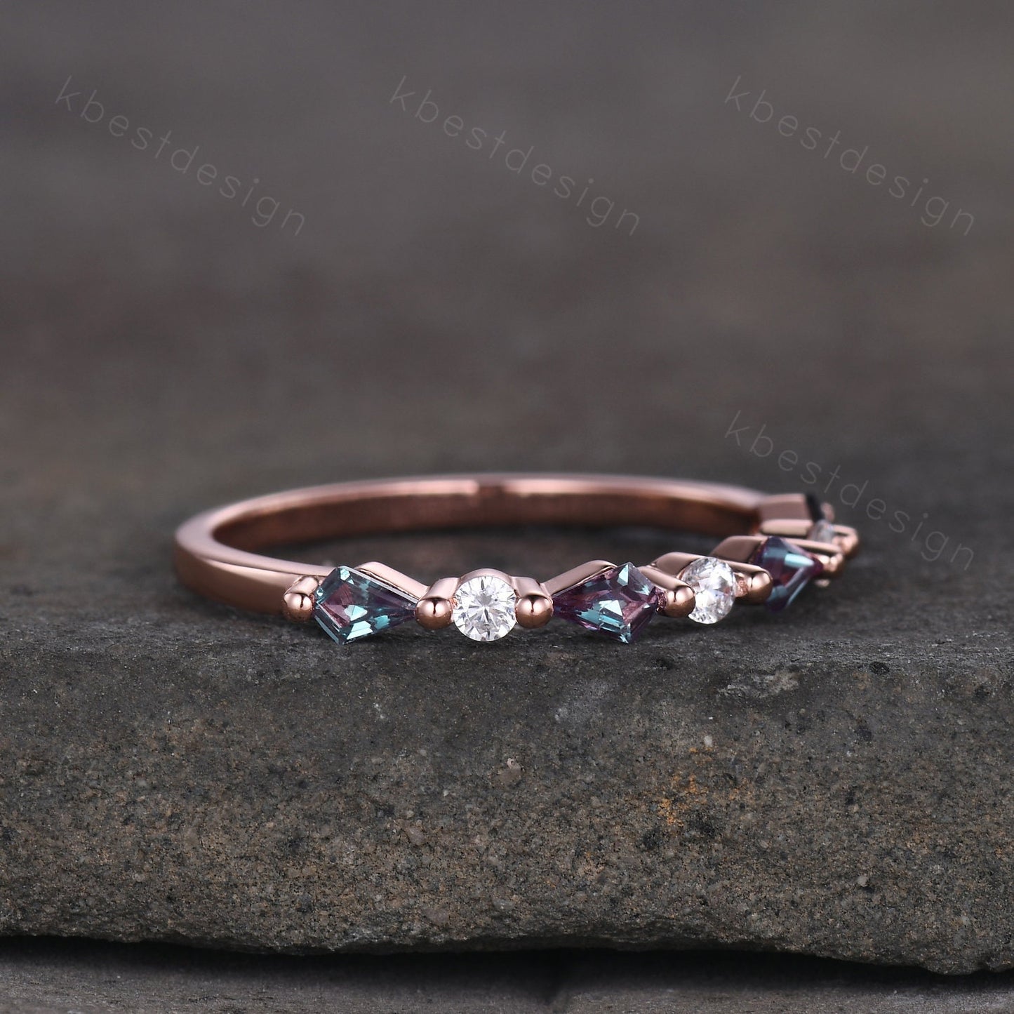 Vintage Alexandrite Wedding Band Kite cut Wedding Band Women Rose Gold Band Unique Half eternity band Delicate Stacking Band Gift for Her