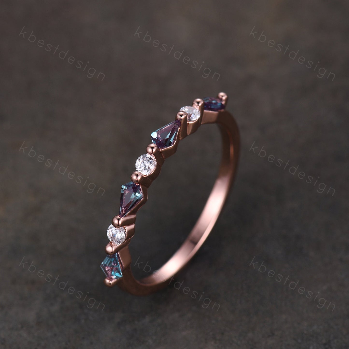Vintage Alexandrite Wedding Band Kite cut Wedding Band Women Rose Gold Band Unique Half eternity band Delicate Stacking Band Gift for Her