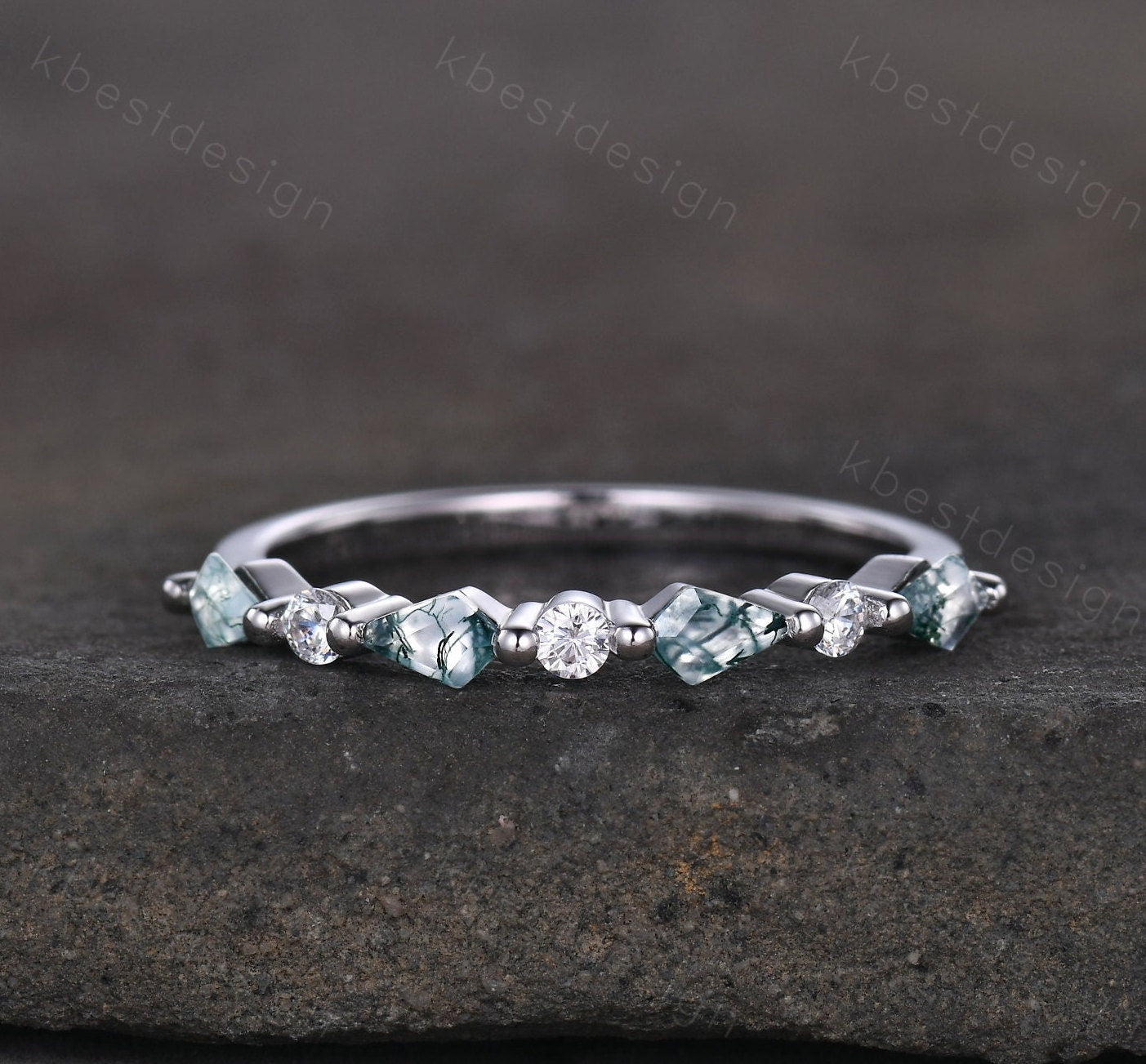 Kite cut Moss Agate Wedding Band Unique Rose Gold Wedding Band Antique Moissanite Ring Minimalist Bridal Matching Stackable band