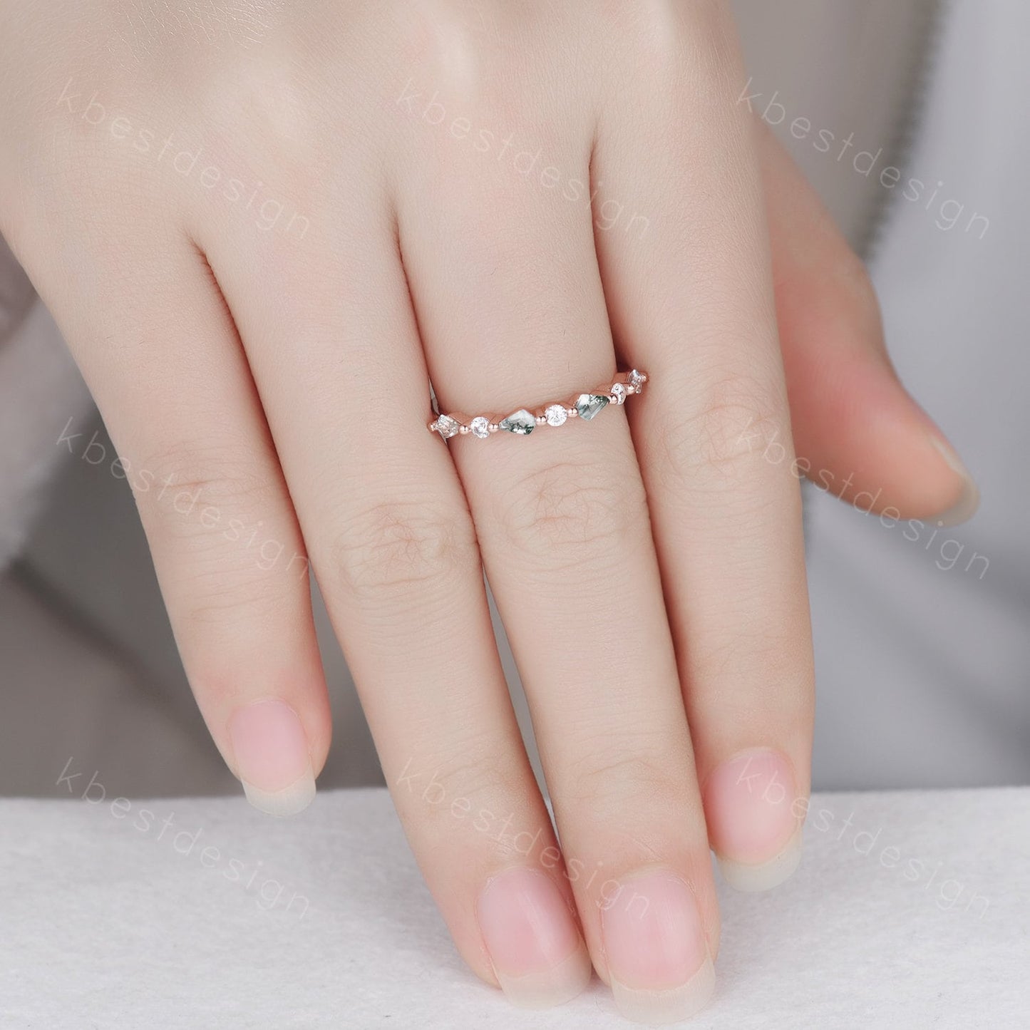 Kite cut Moss Agate Wedding Band Unique Rose Gold Wedding Band Antique Moissanite Ring Minimalist Bridal Matching Stackable band