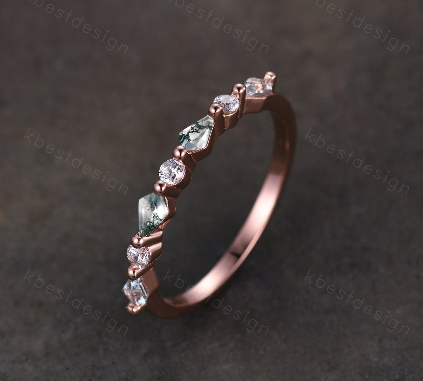 Kite cut Moss Agate Wedding Band Unique Rose Gold Wedding Band Antique Moissanite Ring Minimalist Bridal Matching Stackable band