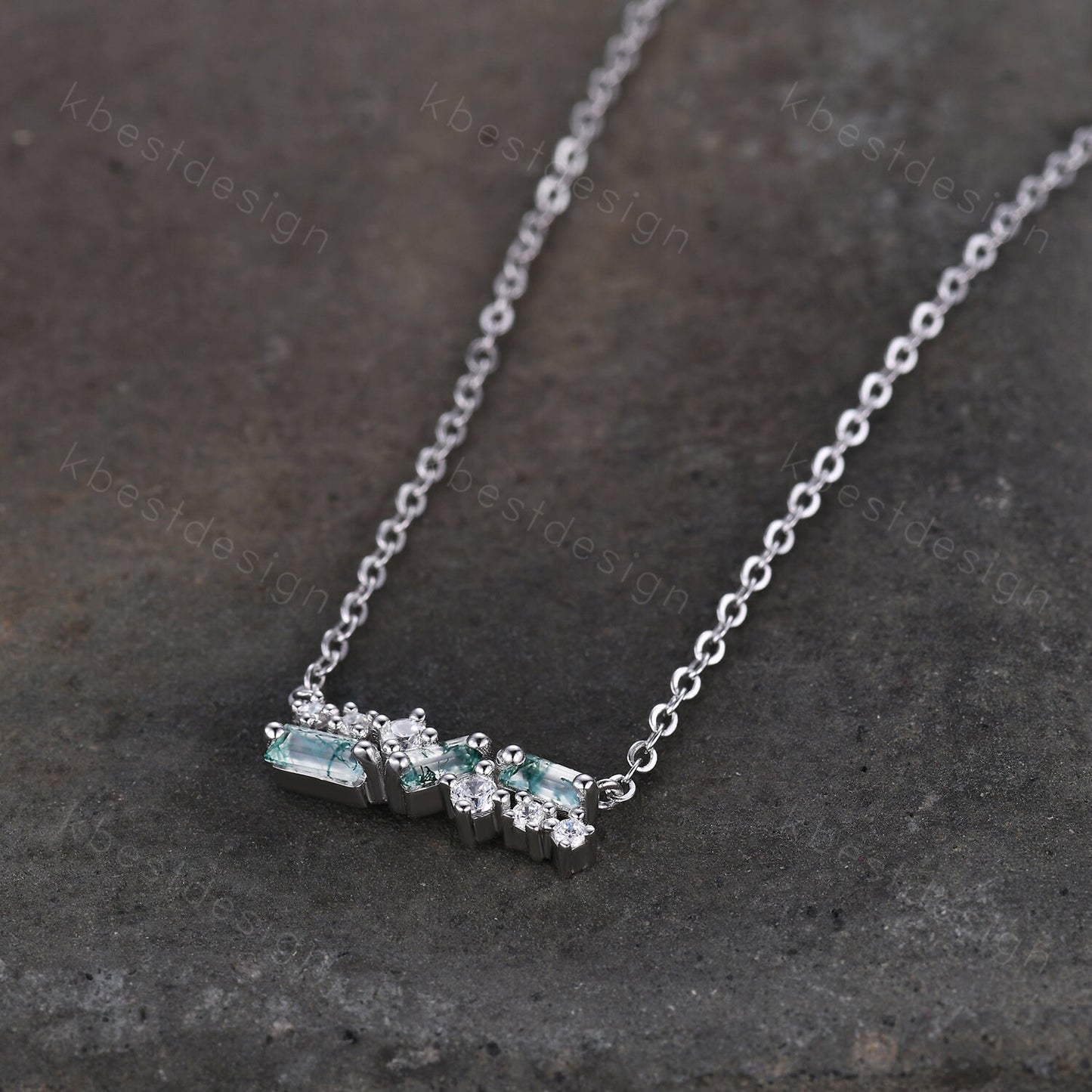 Baguette cut Natural Moss Agate Necklace, Silver Necklace, Art Deco Women Necklace, Unique Moissanite Necklace, Anniversary Promise Gift